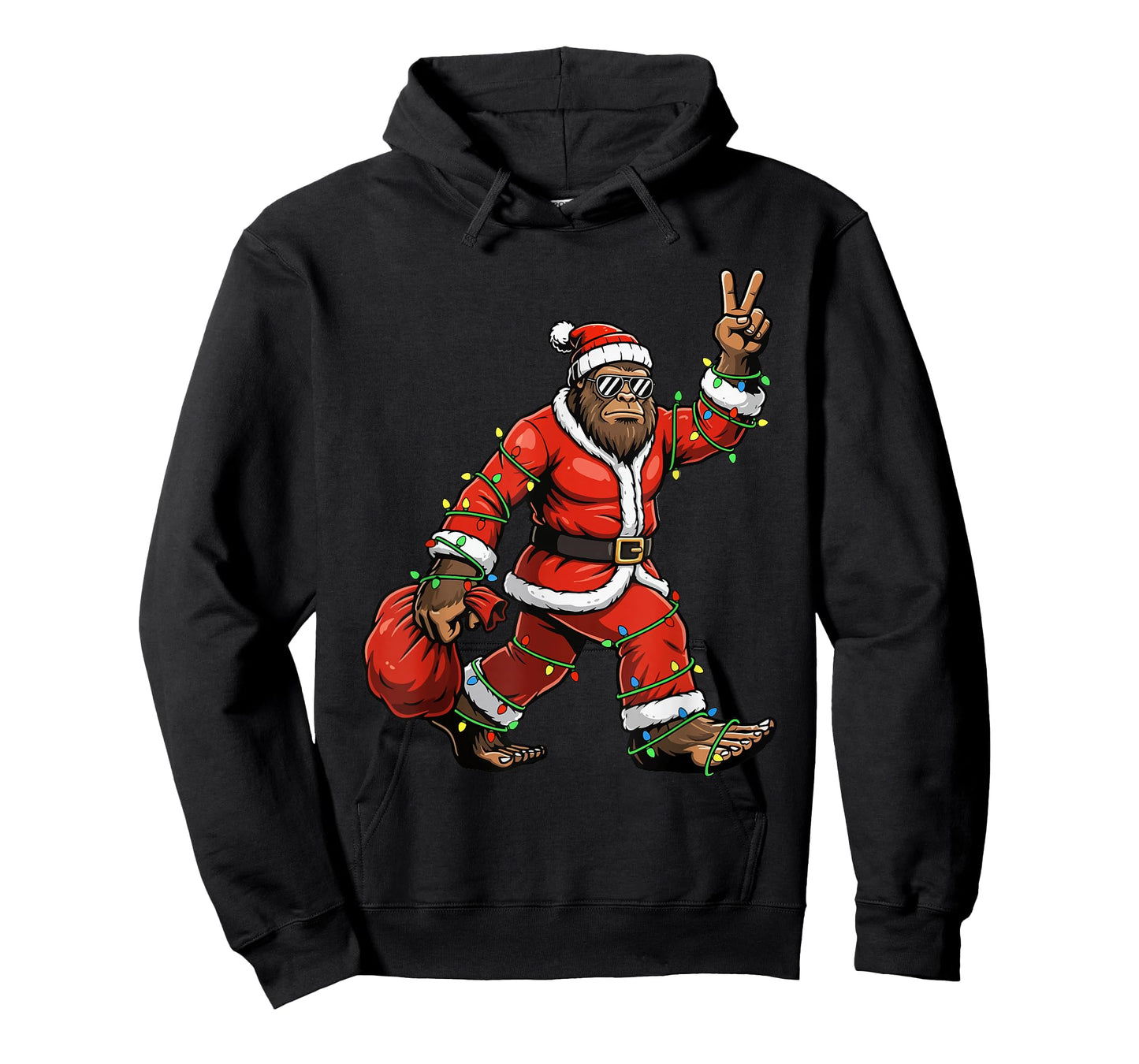 Santa Bigfoot Carrying Christmas Tree Lights T-Shirt