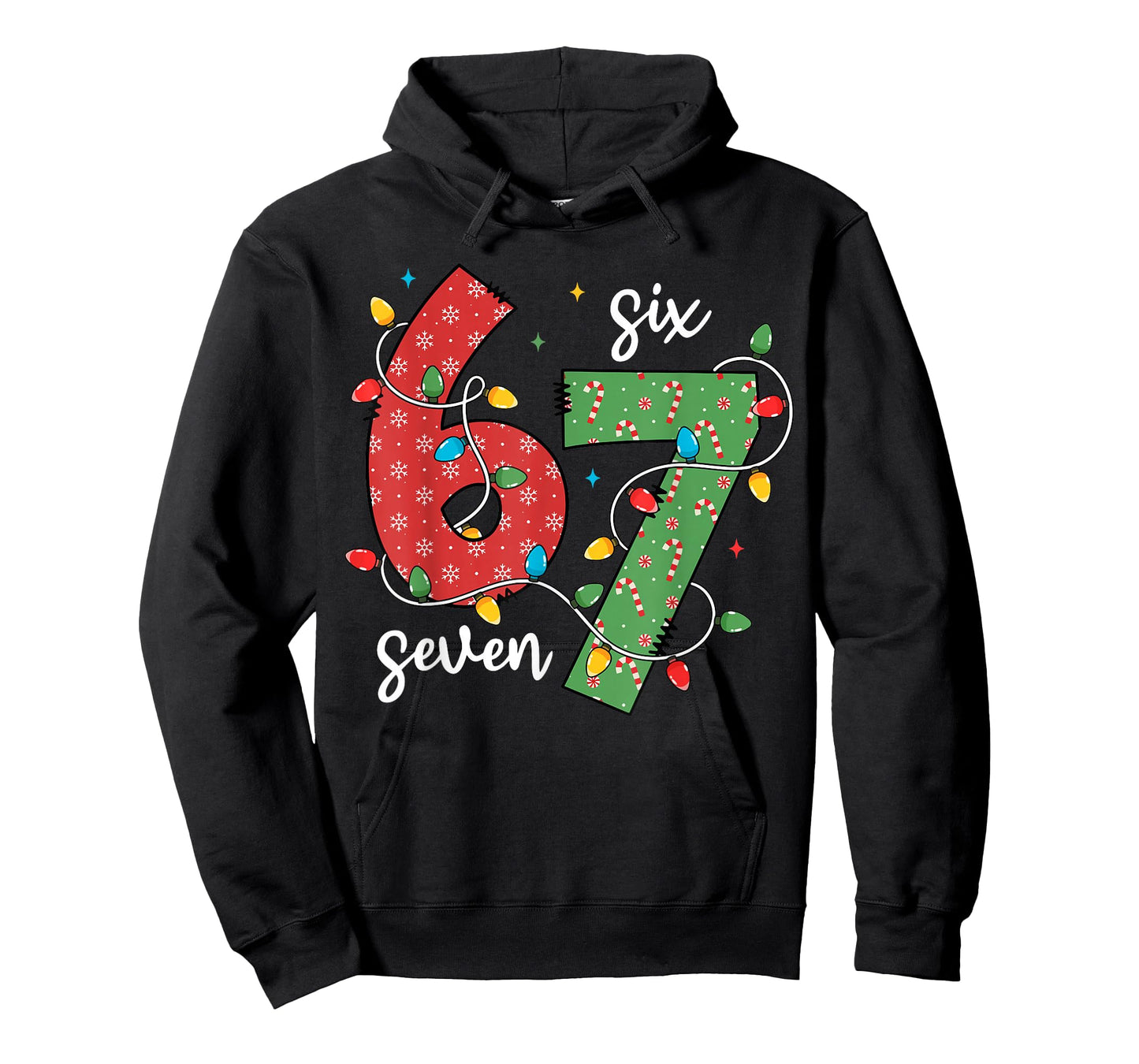 6 7 Six Seven Meme Xmas Lights Candy Cane Christmas Holiday T-Shirt
