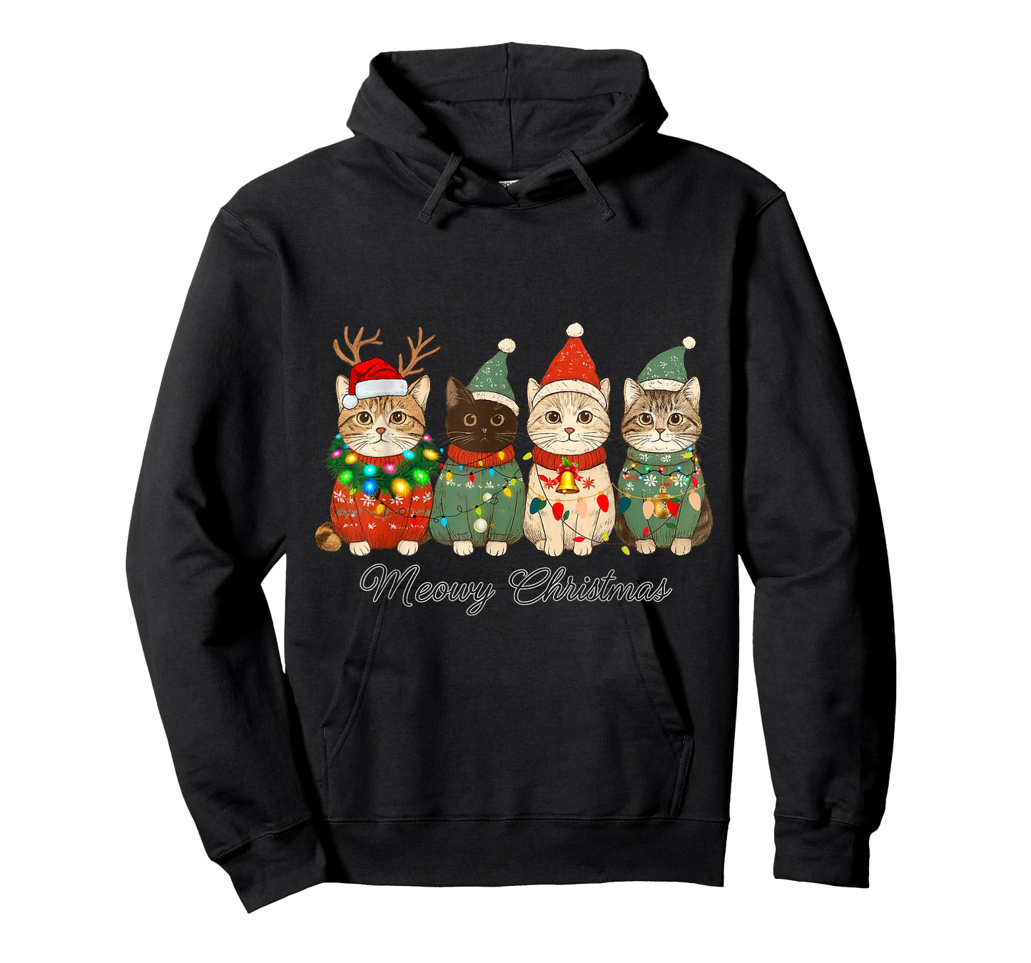 Cat Christmas Light Reindeer Santa Christmas Cat Lover Xmas T-Shirt