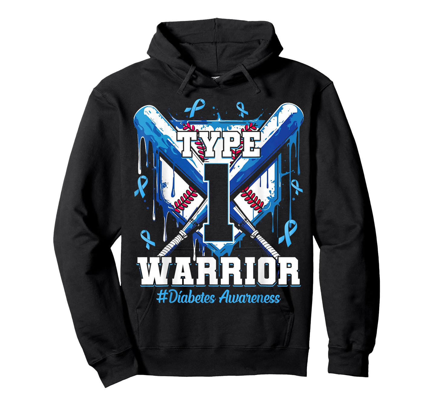T1D Warrior Baseball Drip Diabetes Awareness Blue Ribbon T-Shirt