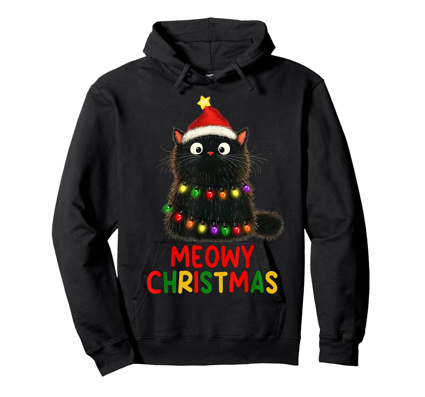 Meowy Christmas Tree Lights Black Cat Xmas Pajamas Cat Lover T-Shirt