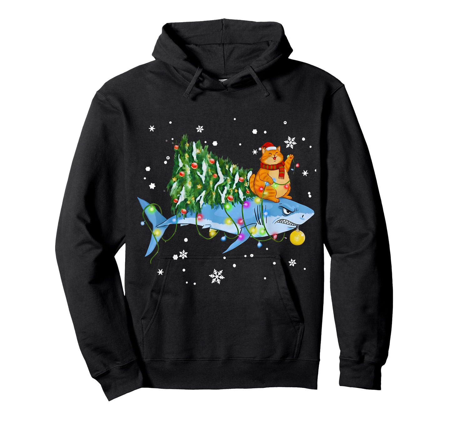 Funny Christmas Shark Cat Tree Lights Sharkmas Tree Xmas Tee T-Shirt