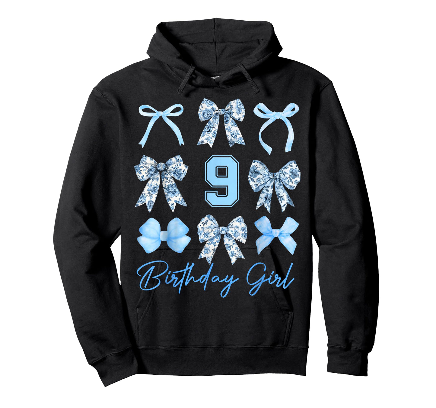 9th Birthday Girl Blue Toile Coquette Bow 9 Year Old Family T-Shirt
