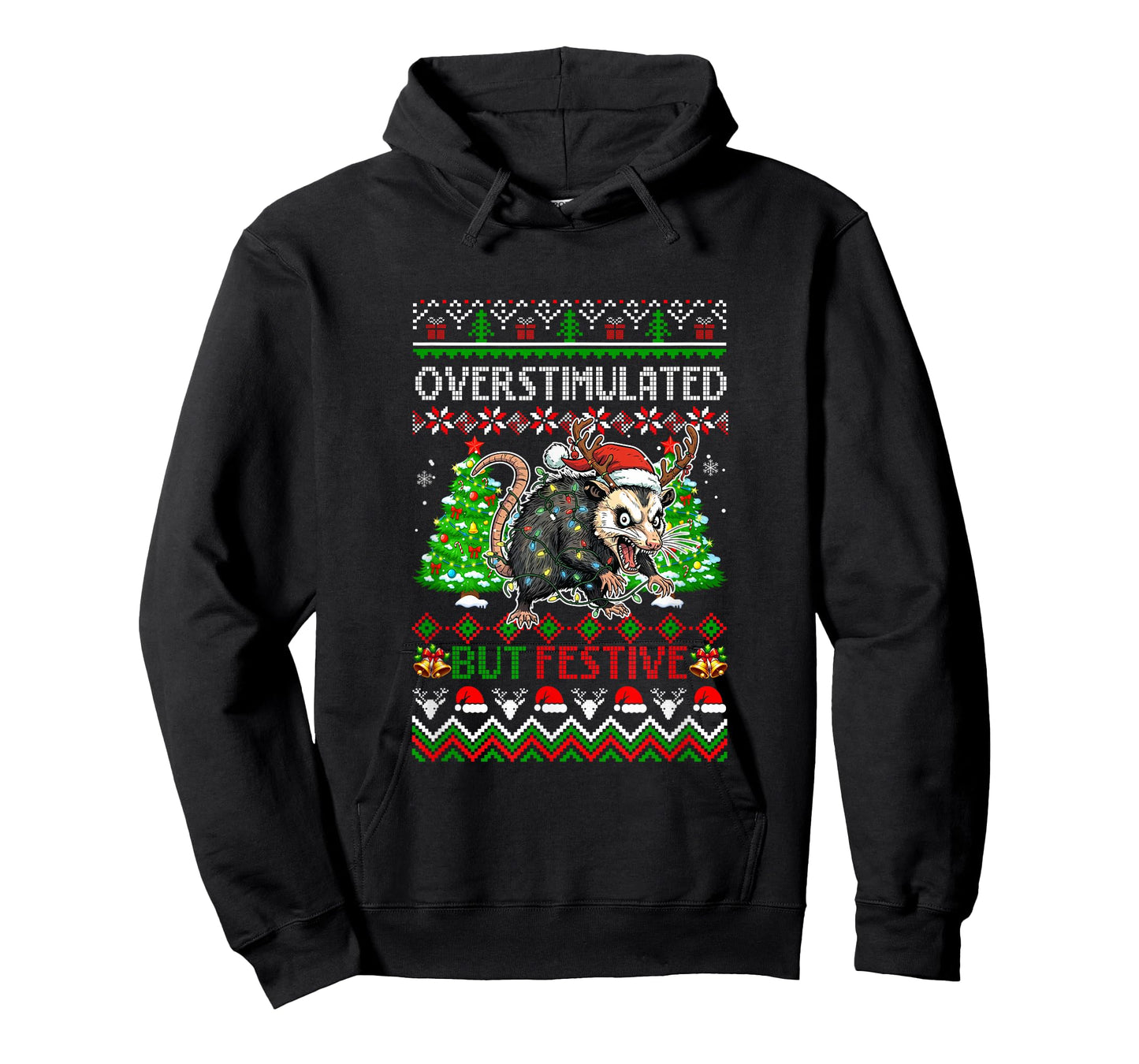 Overstimulated But Festive Christmas Sweater Santa Opossum T-Shirt
