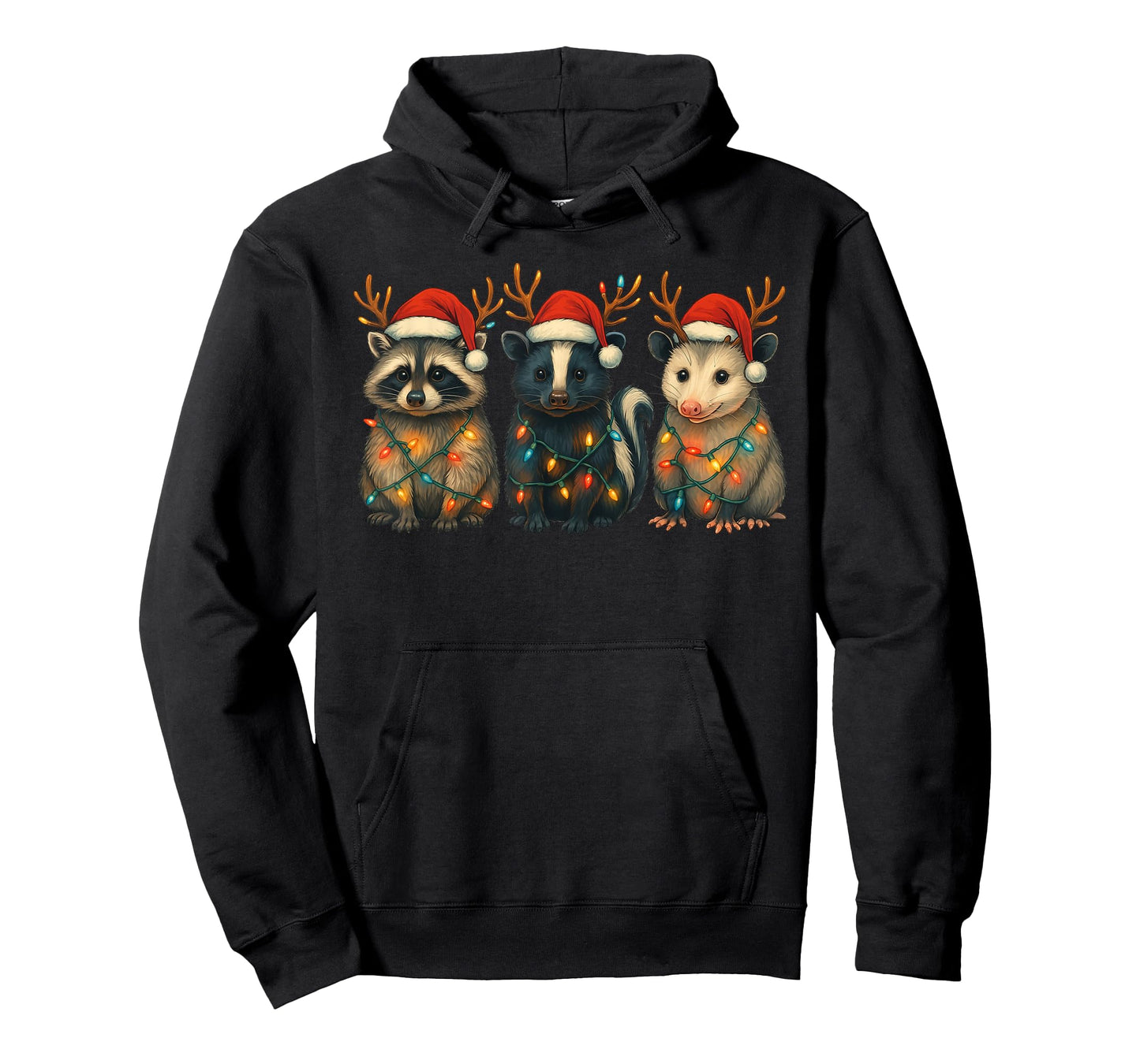 Raccoon Possum Skunk Christmas Lights Santa Hat Xmas T-Shirt