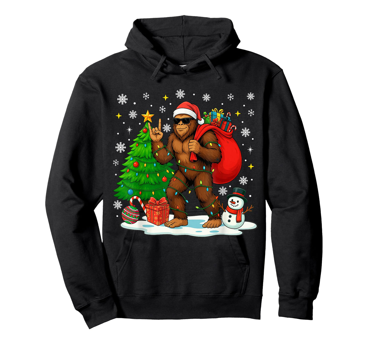 Santa Bigfoot Christmas Tree Lights Boys Men Sasquatch Lover T-Shirt