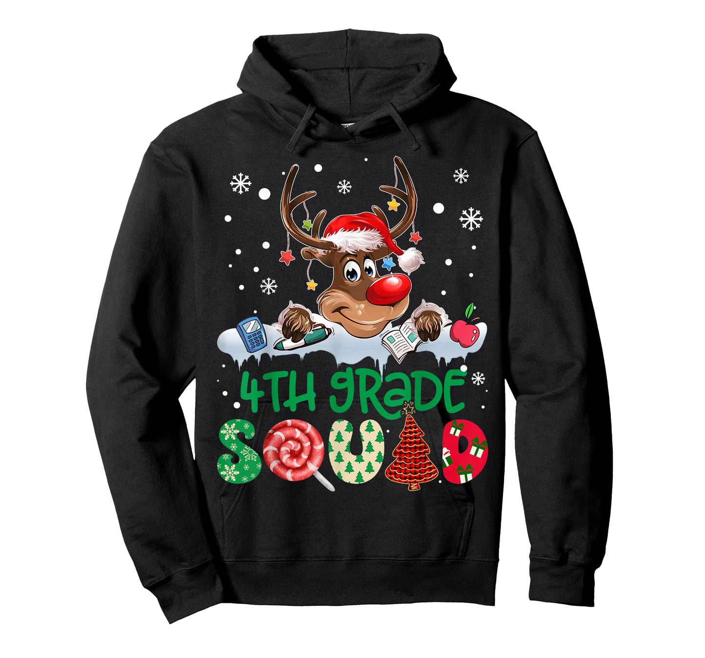 Reindeer Santa Hat 4th Grade Squad Teacher Christmas Kids T-Shirt