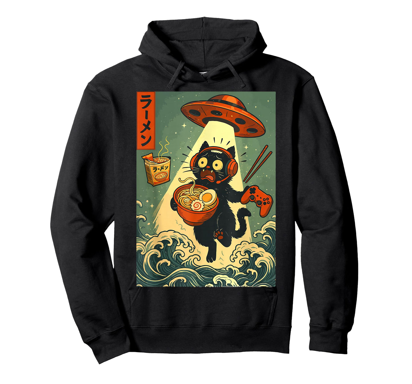 Cute Kawaii Gamer Cat Ramen Retro Japanese Design UFO Beam T-Shirt