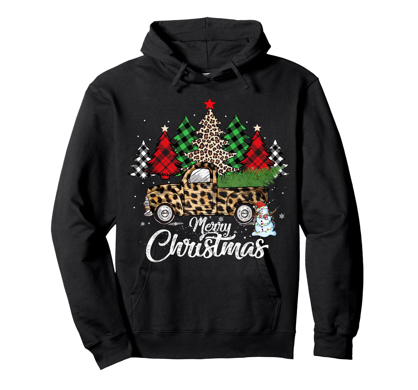 Merry Christmas Leopard Truck Buffalo Plaid Xmas Trees Party T-Shirt