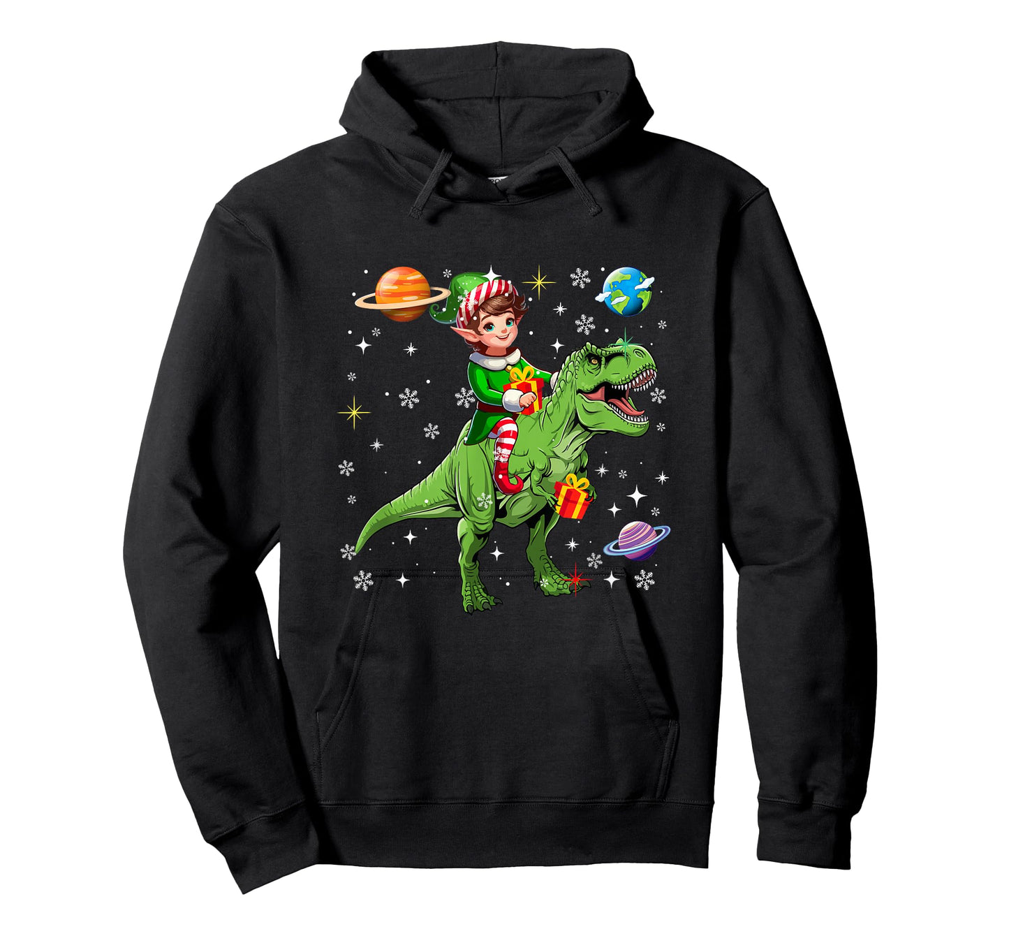 Elf Riding T-Rex Colorful Christmas Boxes Space Planets T-Shirt