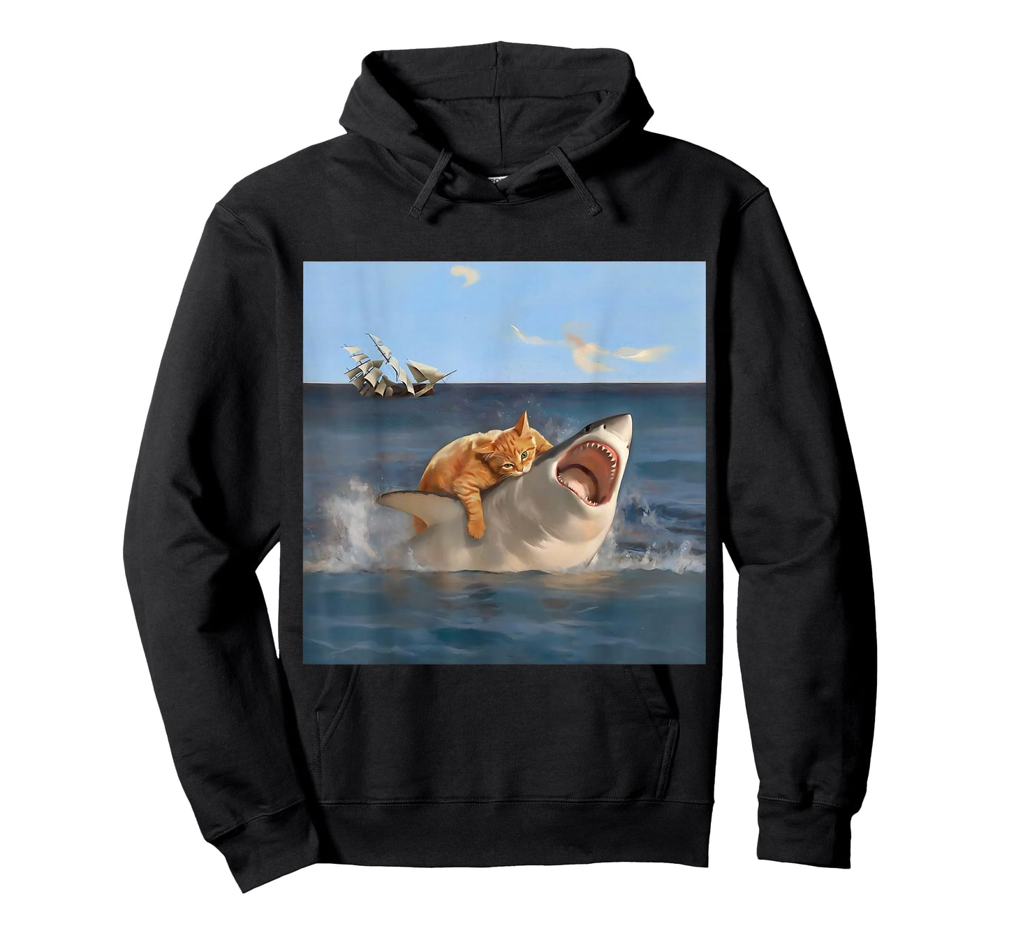 Orange Cat Biting Shark Humorous Funny Art Meme Cat Lover T-Shirt