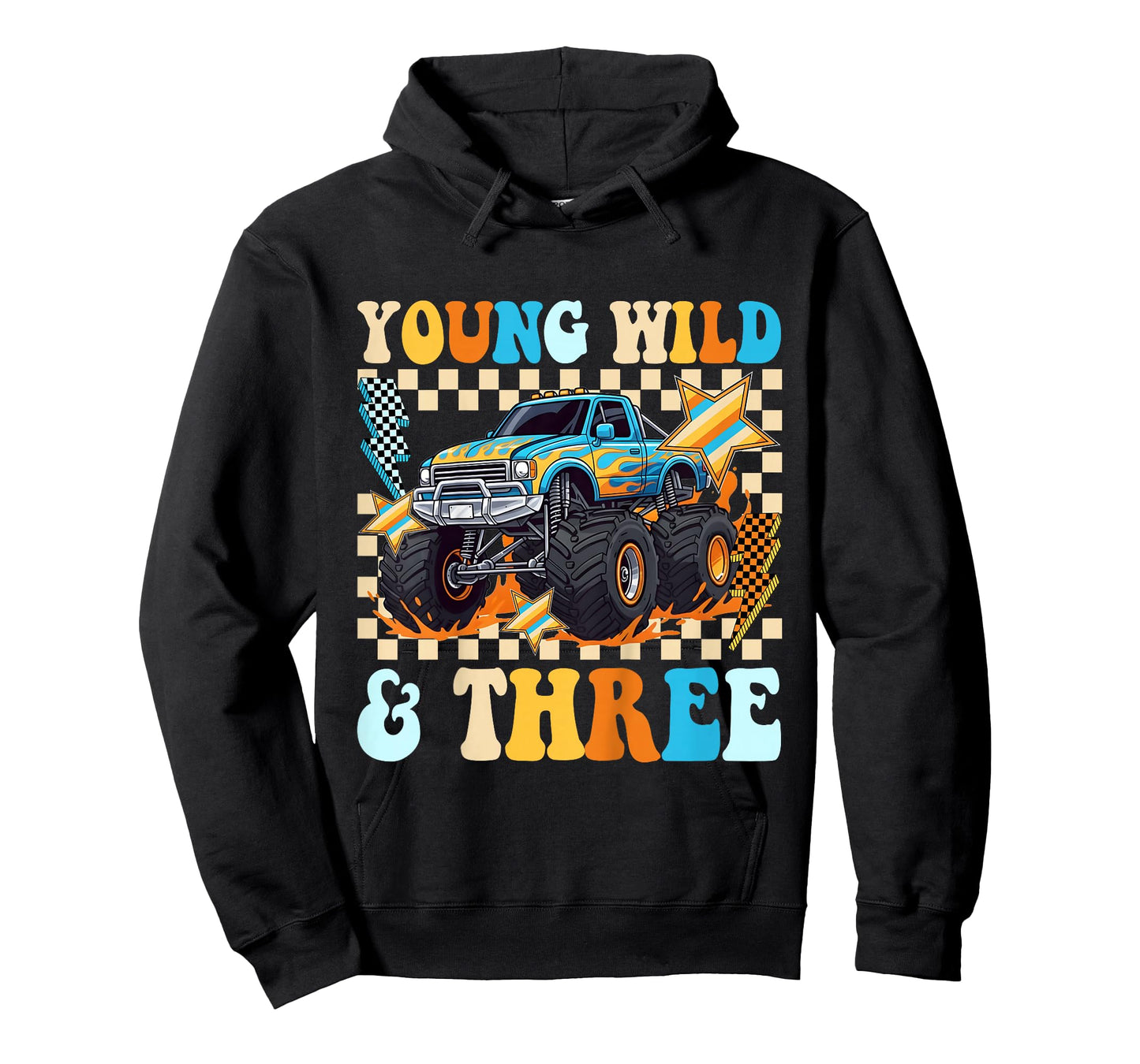 3rd Birthday Monster Truck Young Wild and Three Checkered T-Shirt