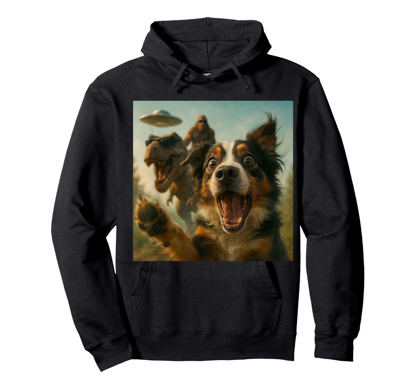 Shocked Australian Shepherd Dog T-Rex Bigfoot UFO Selfie T-Shirt
