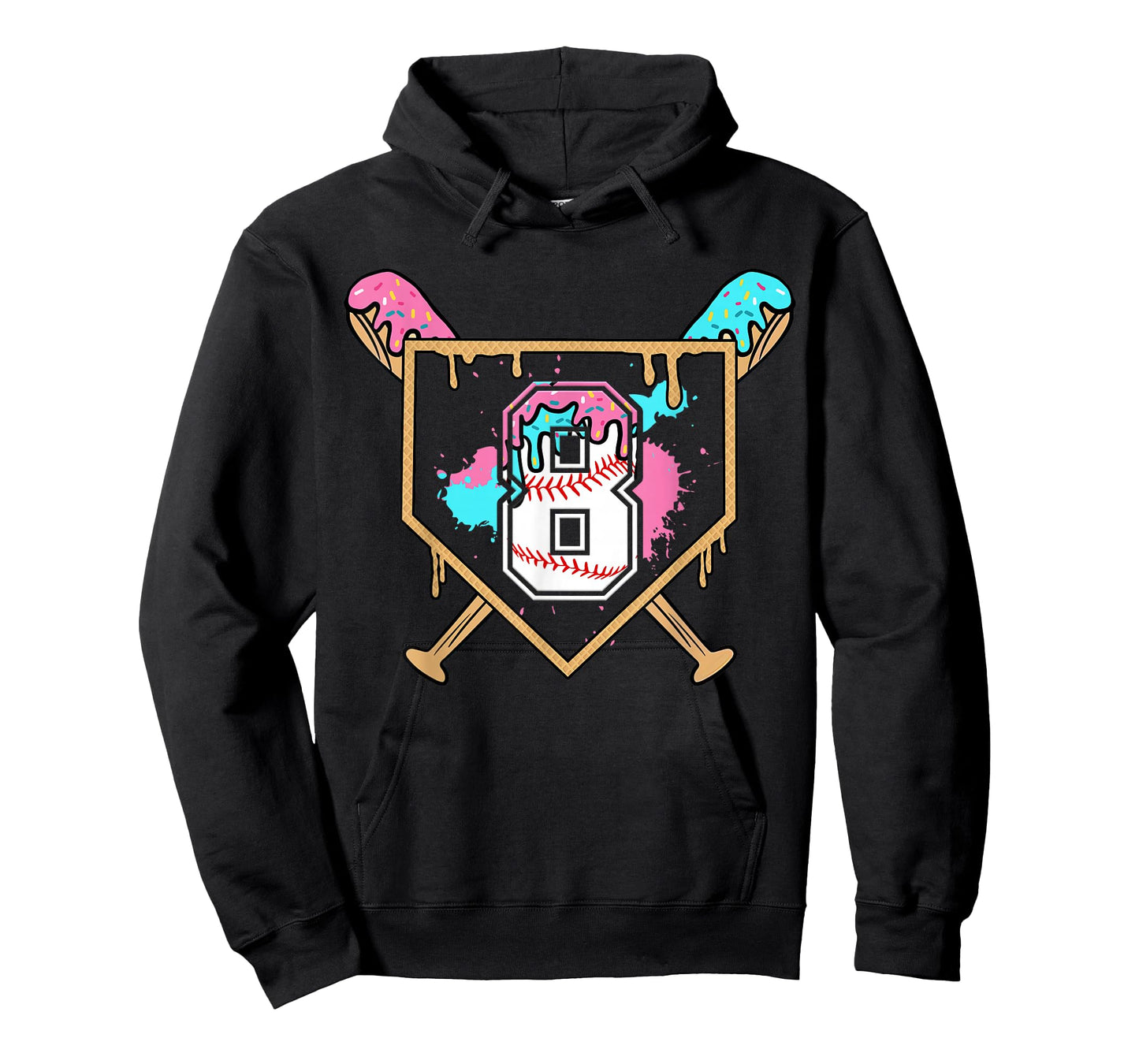 8th Birthday Baseball Bat Ice-Cream Drip 8yrs Old Boys Girls T-Shirt