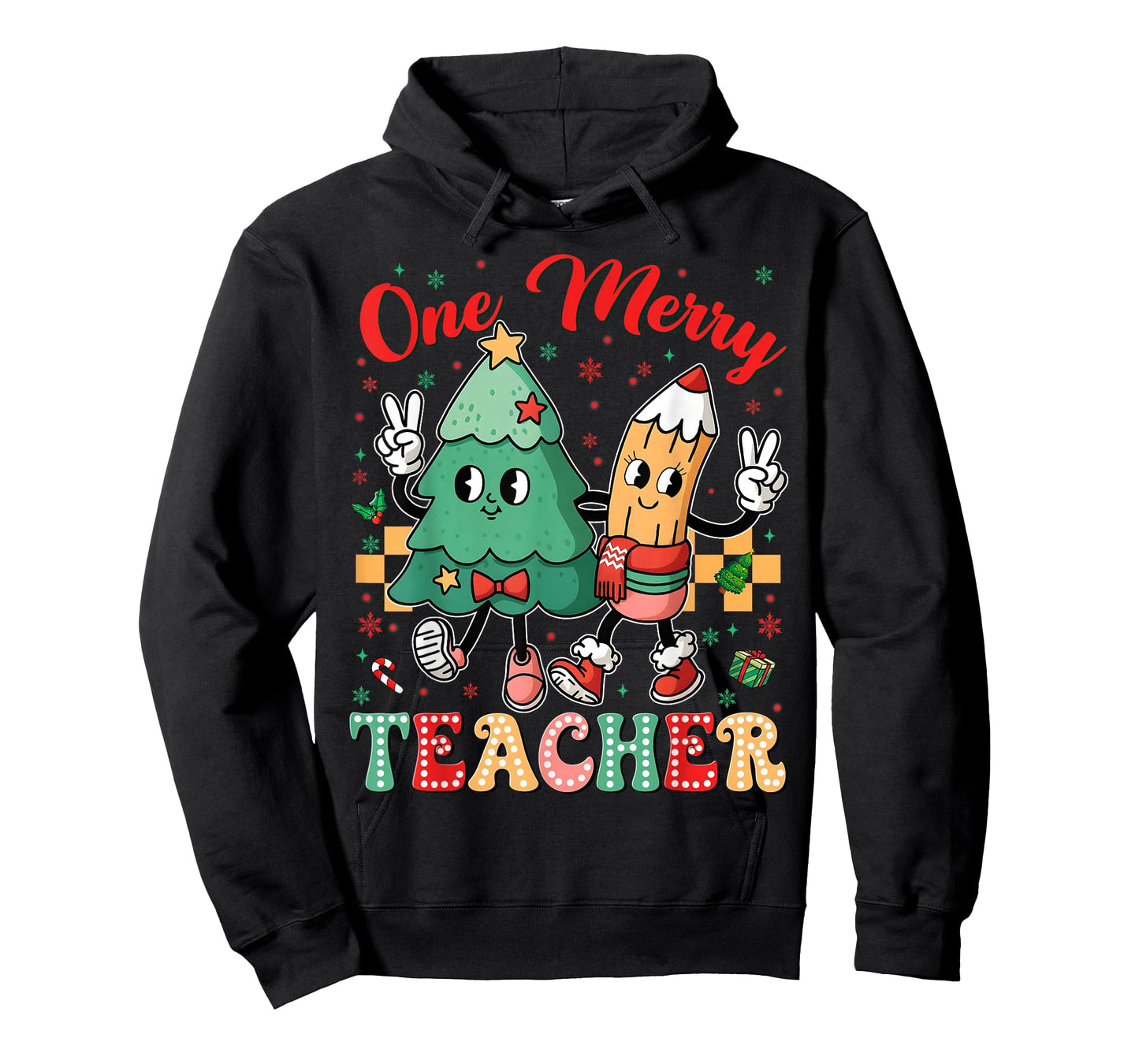 One Merry Teacher Groovy Christmas Tree Pjs Xmas Teacher T-Shirt
