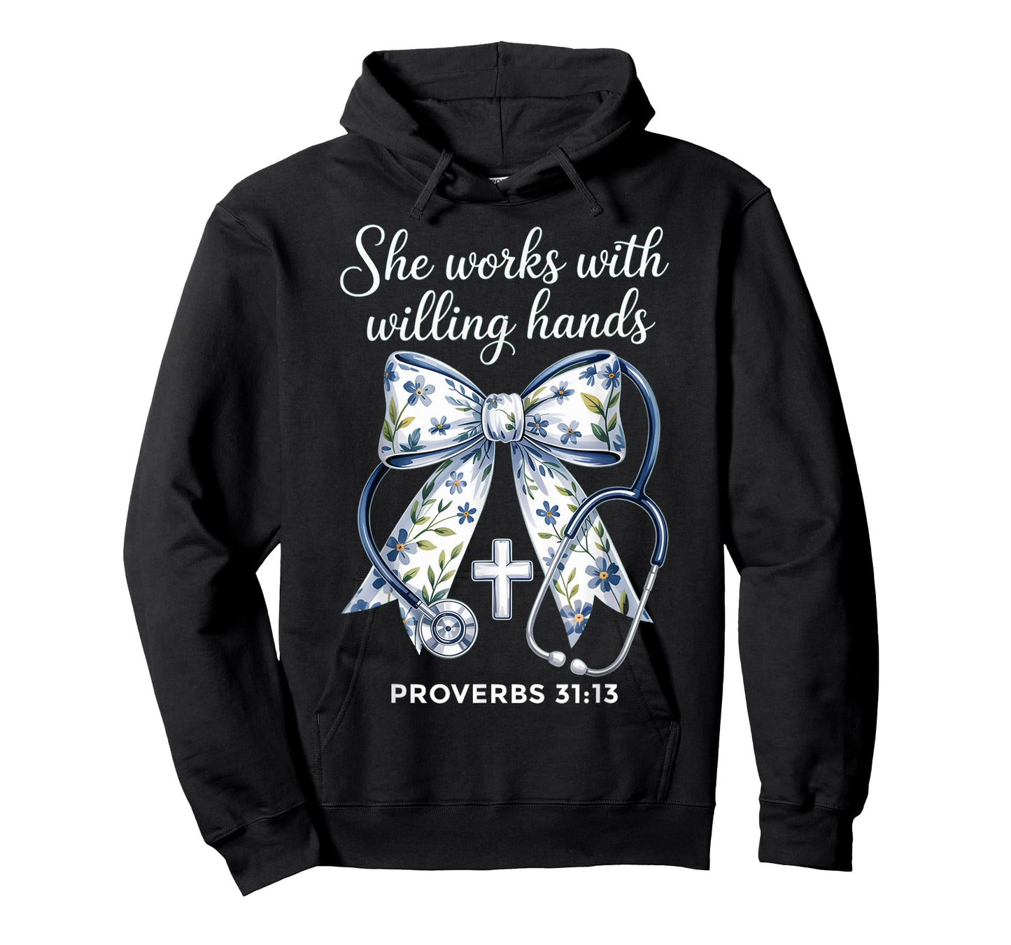 She Works with Hands Coquette Ribbon Faith Christian Nurse T-Shirt