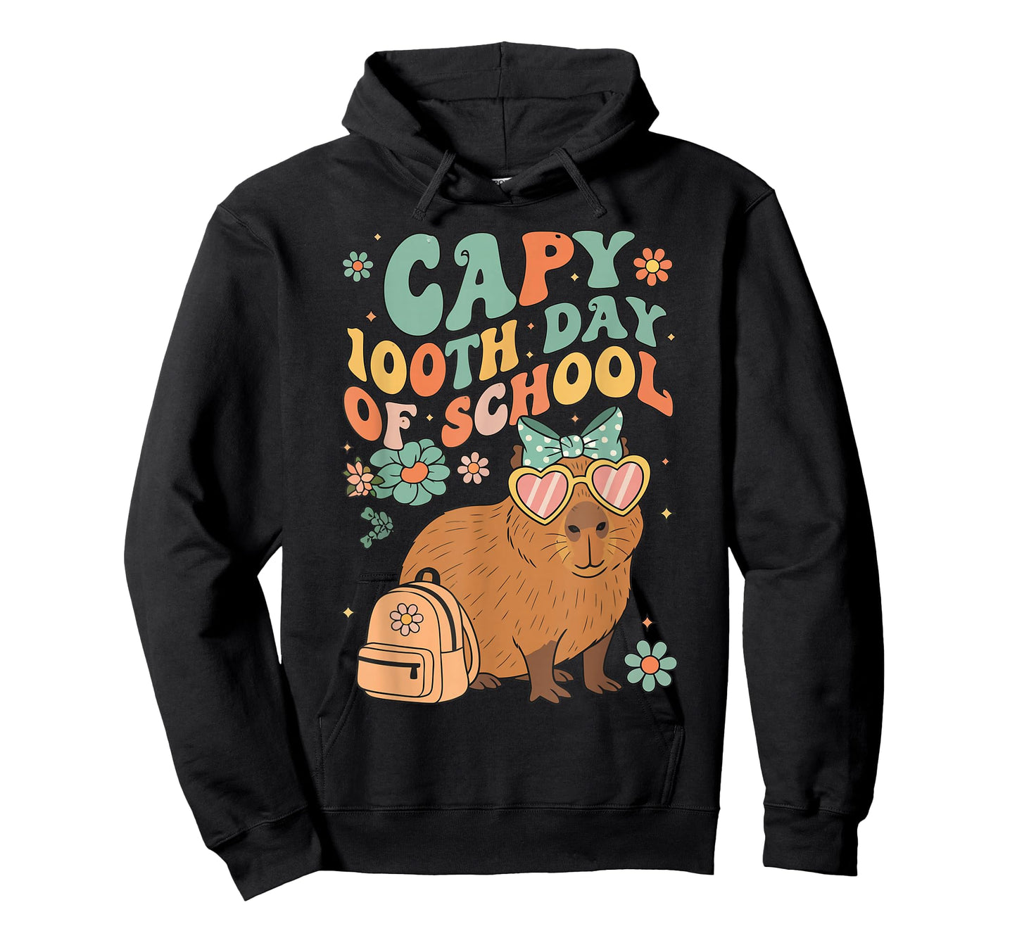 Capy 100th Day of School Groovy Flowers Capybara Design T-Shirt