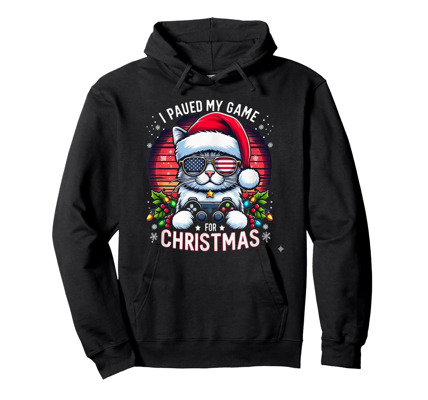 I Paused My Game for Christmas Cool Cat with USA Flag Shades T-Shirt