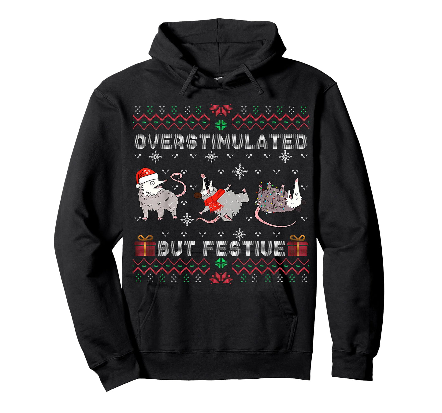 Overstimulated But Festive Opossum Ugly Sweater Christmas T-Shirt