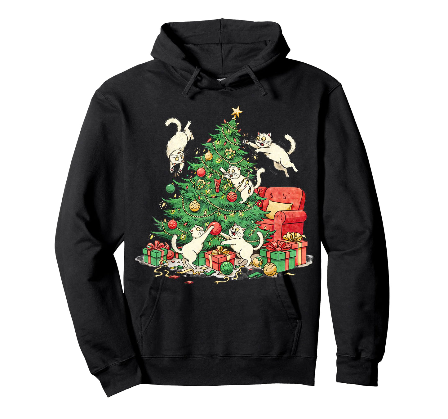 Funny Cat Christmas Tree Chaos Festive Holiday Art T-Shirt