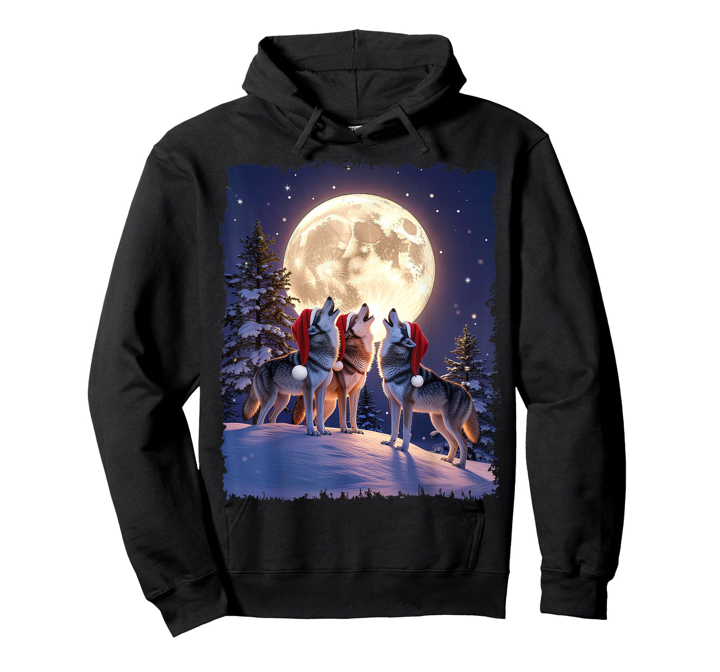 Wolf Christmas Funny 3 Wolf Howling Moon Santa Hat T-Shirt