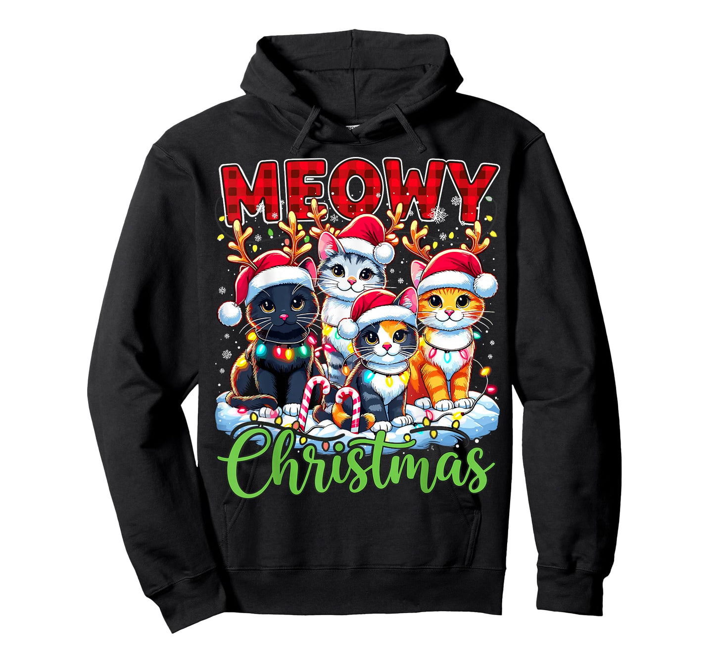 Meowy Christmas Reindeer Xmas Lights Santa Cat T-Shirt