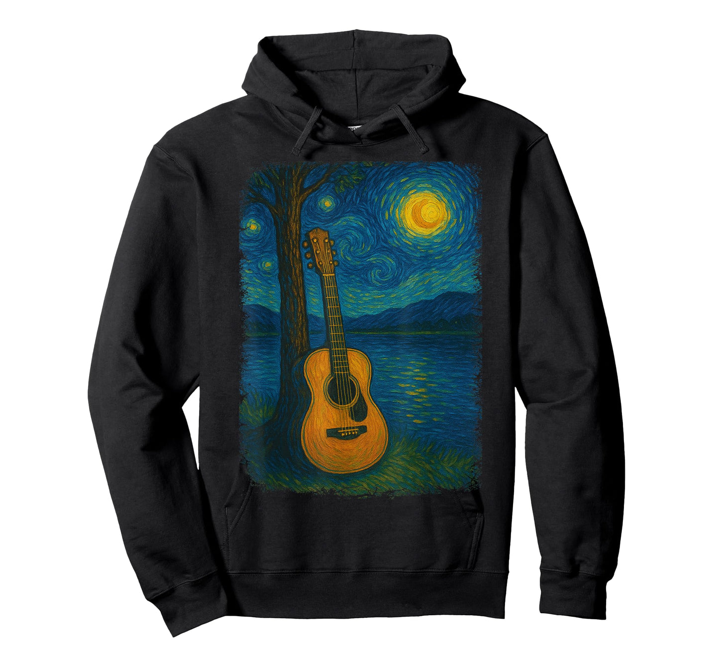 Acoustic Guitar Lake Starry Night Van Gogh Music Guitarist T-Shirt