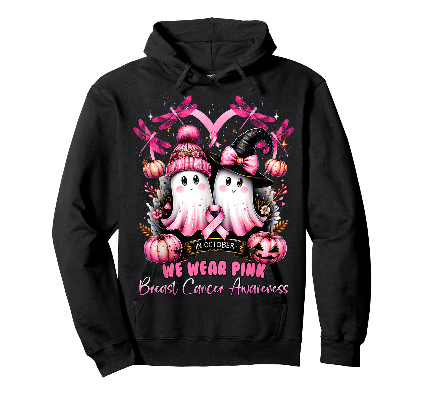 in October We Wear Pink Ghost Witch Breast Cancer Awareness T-Shirt
