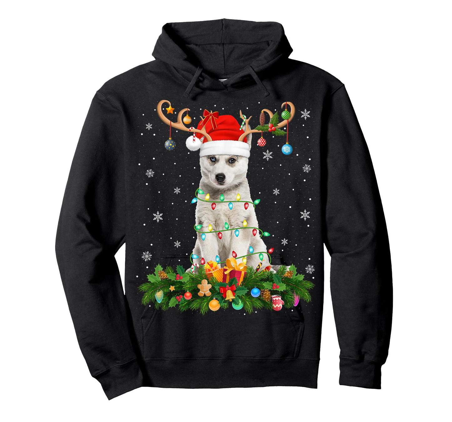 Siberian Husky Christmas Lights Reindeer Santa Hat Dog Xmas T-Shirt