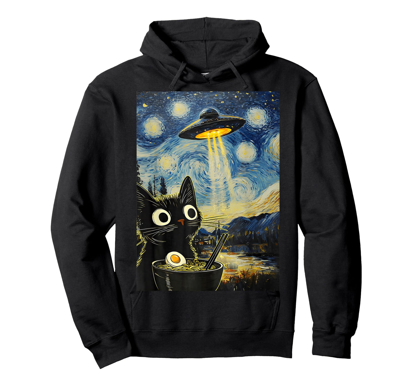 Kawaii Cat Ramen UFO Starry Night Retro Japanese Anime T-Shirt