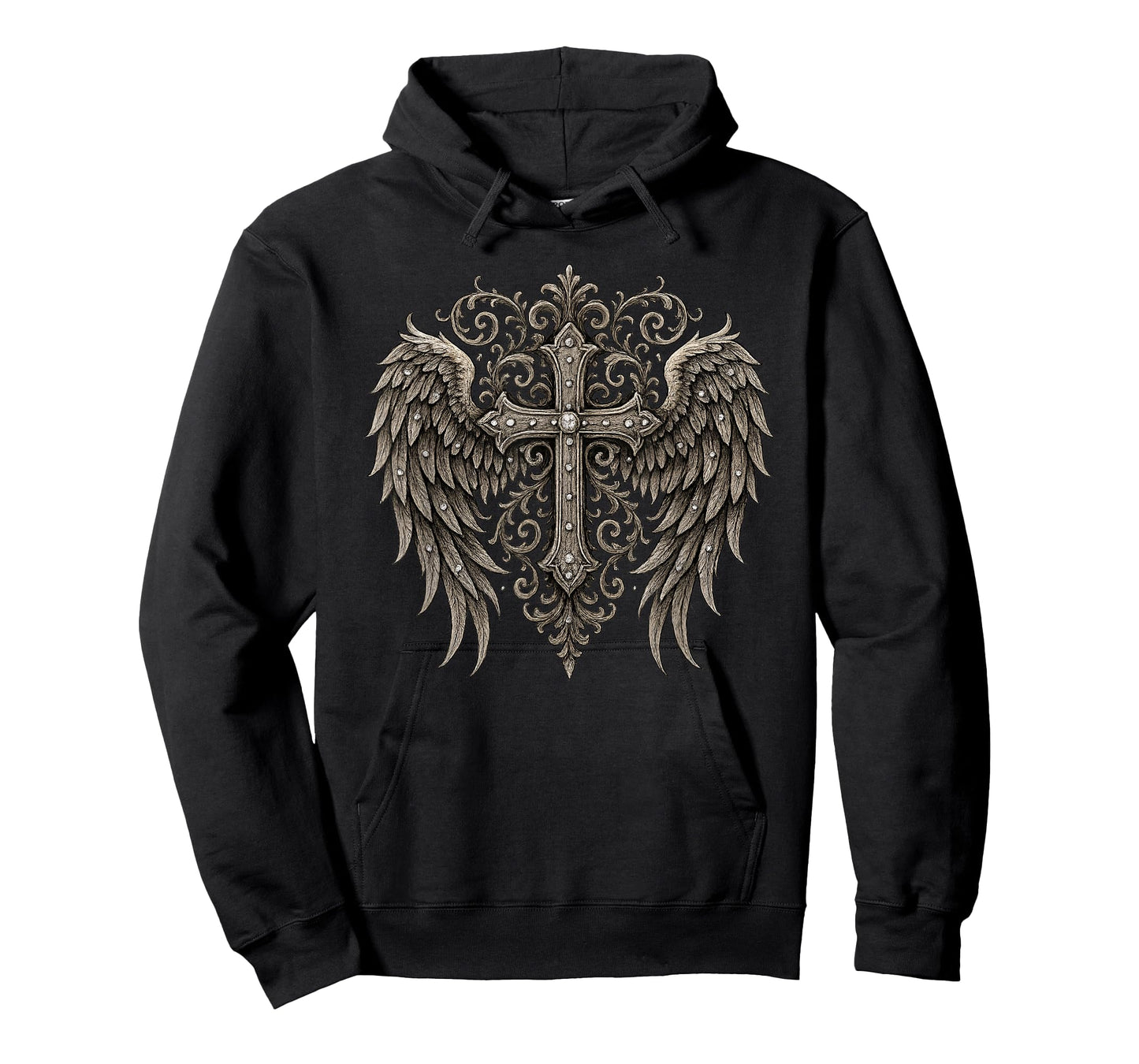 Ornate Cross with Angel Wings - Vintage Christian Faith Embl T-Shirt