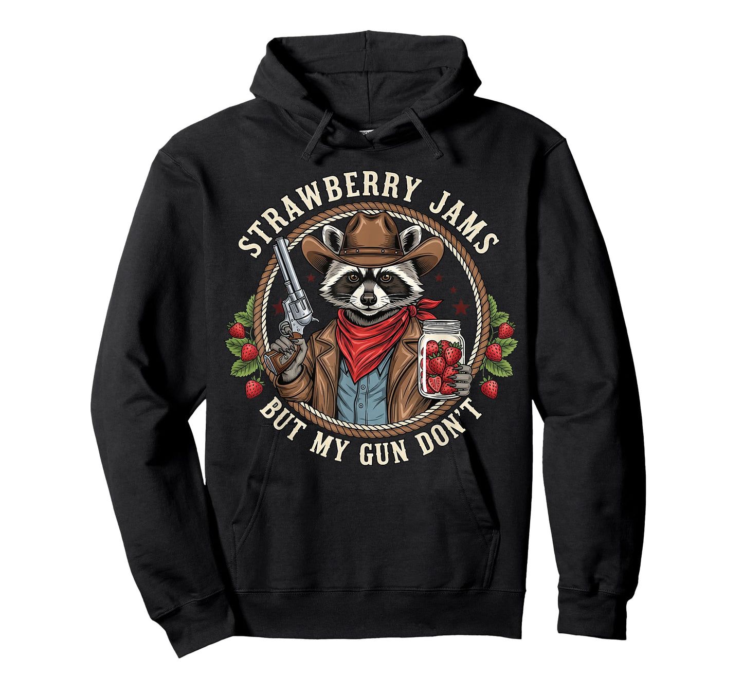 Strawberry Jams But My Gun Dont Cowboy Raccoon Funny Western T-Shirt