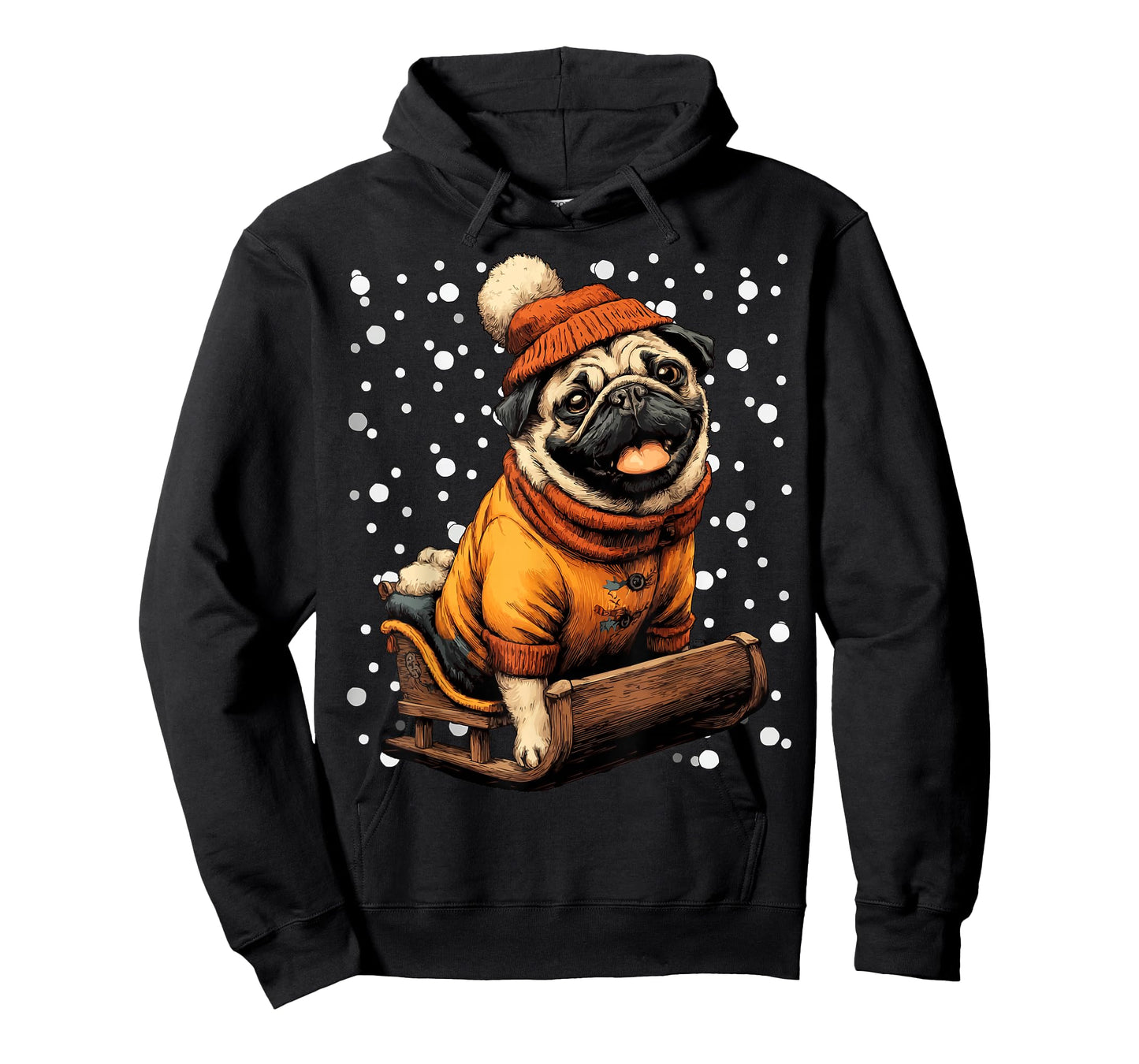 Cute Christmas Pug Sledding in Snow Funny Winter Snowy Dog T-Shirt