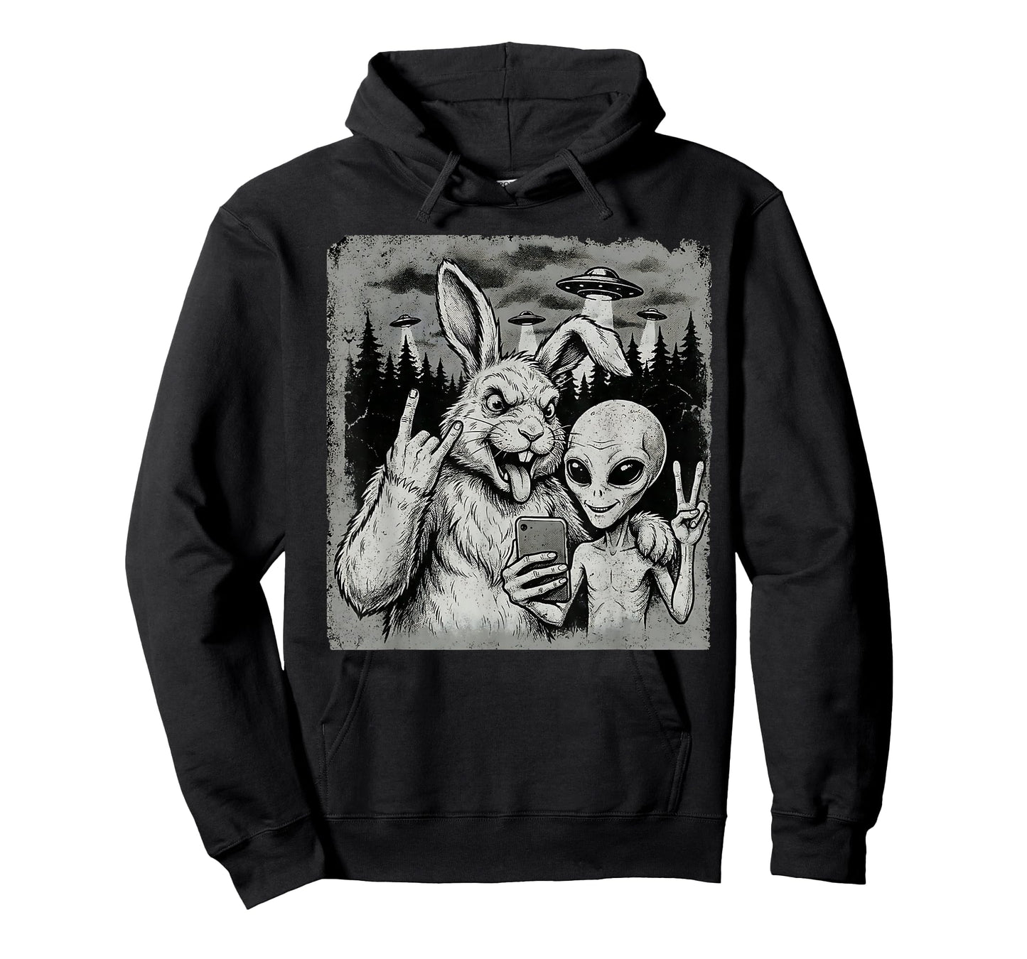 Funny Rabbit and Alien Rock On Hand Sign UFO Selfie T-Shirt