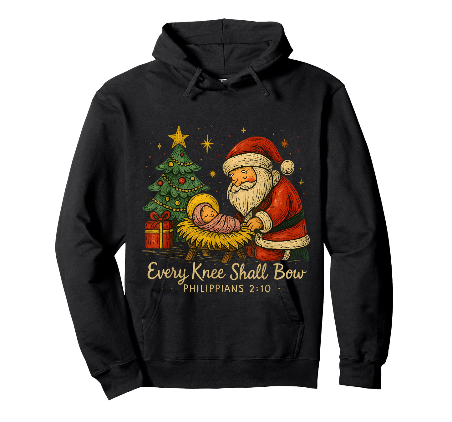 Santa Kneels at Manger – Every Knee Shall Bow Verse T-Shirt