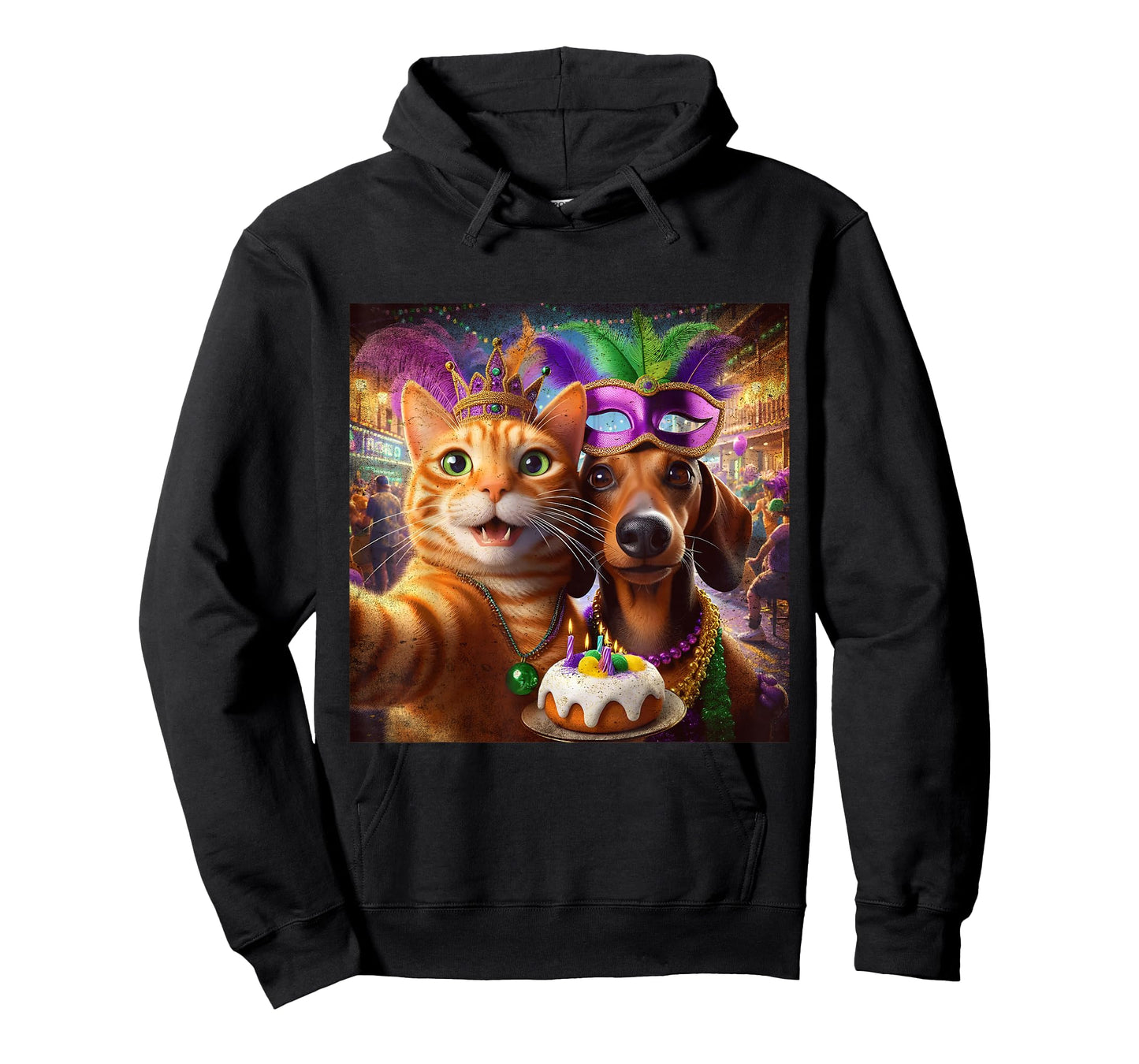 Funny Mardi Gras Cat Dachshund Selfie Squad T-Shirt