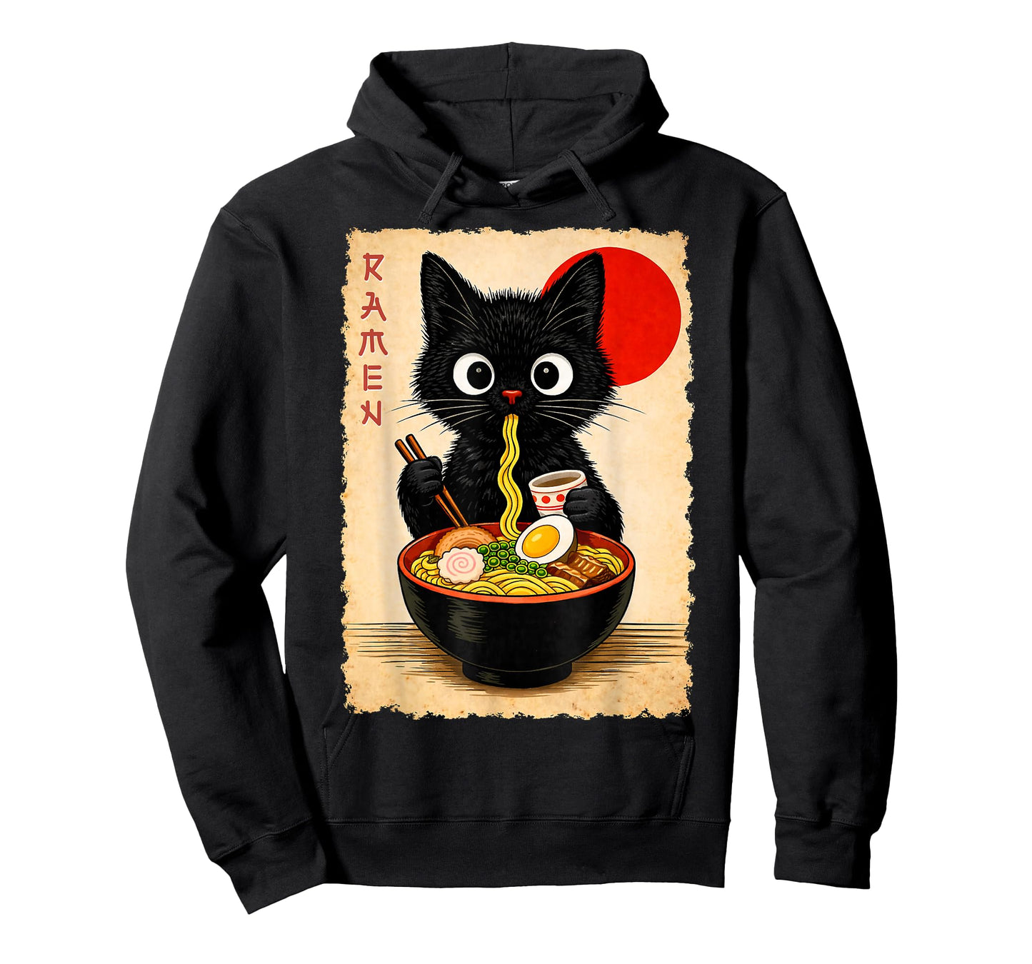 Cute Black Cat Eating Ramen Artwork Print Anime Style Wall T-Shirt