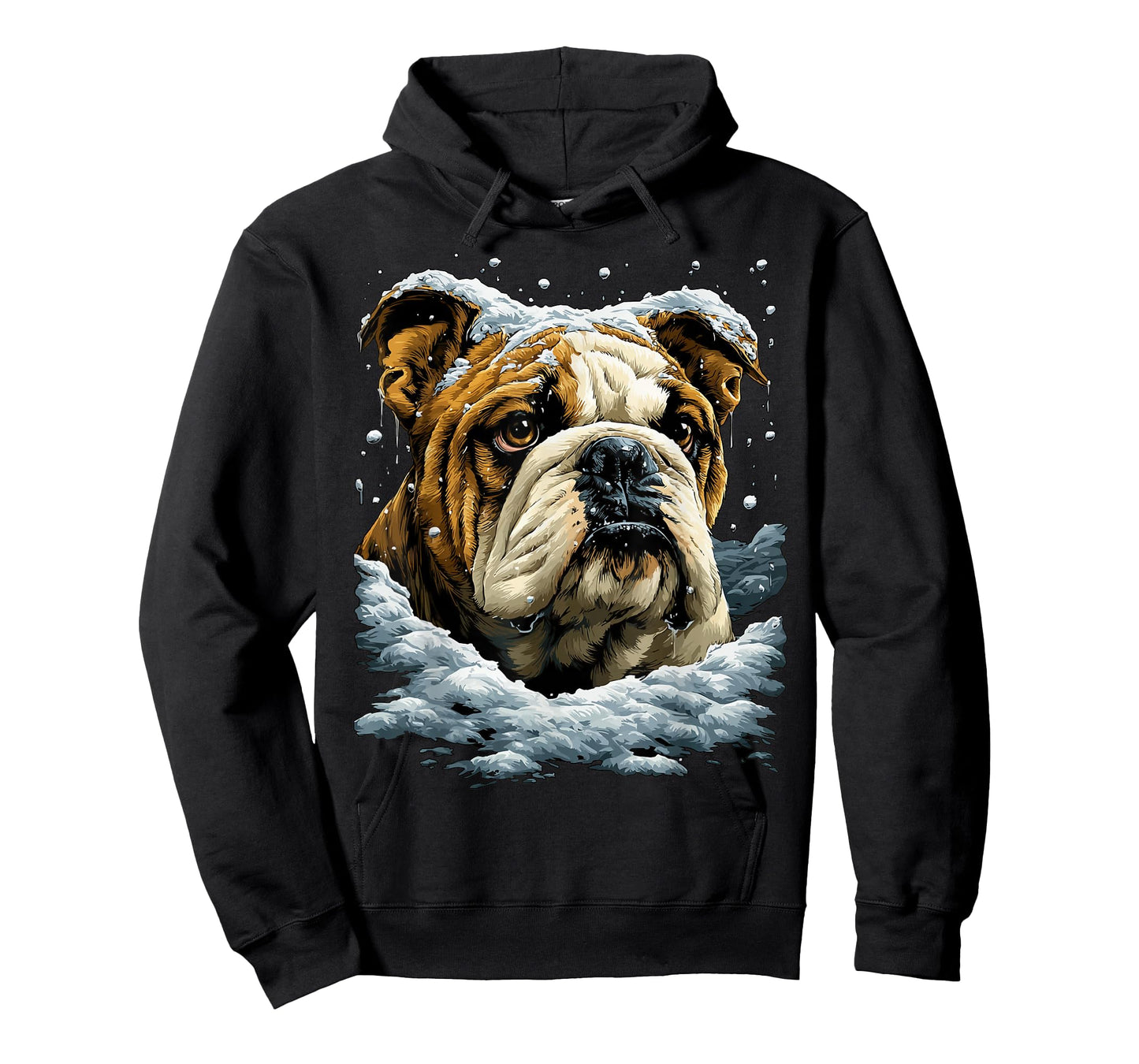 Snowy British Bulldog with Snow and Snowflakes Winter Dog T-Shirt