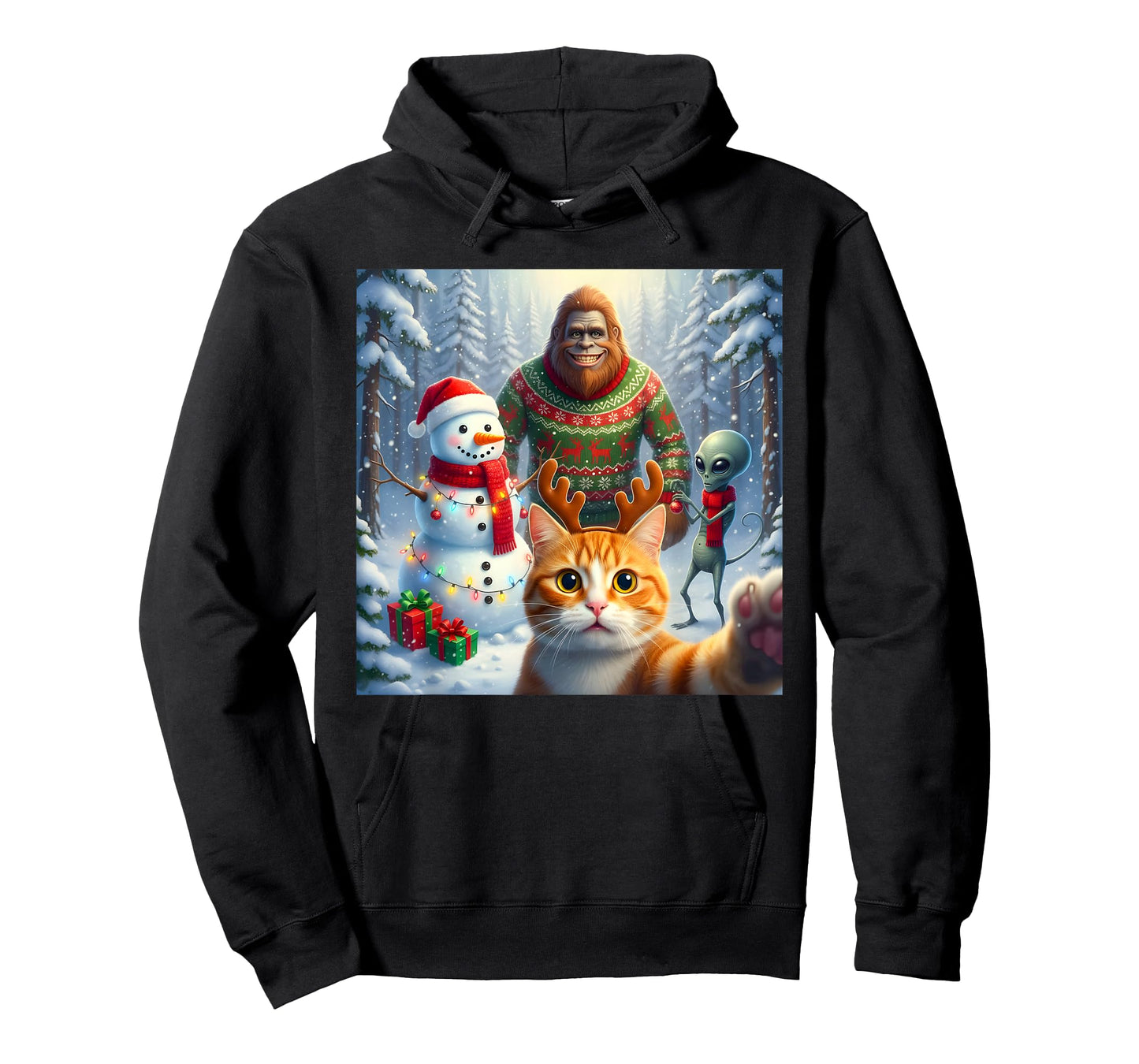 Funny Cat Selfie Bigfoot Humor Men Women Kids Christmas T-Shirt