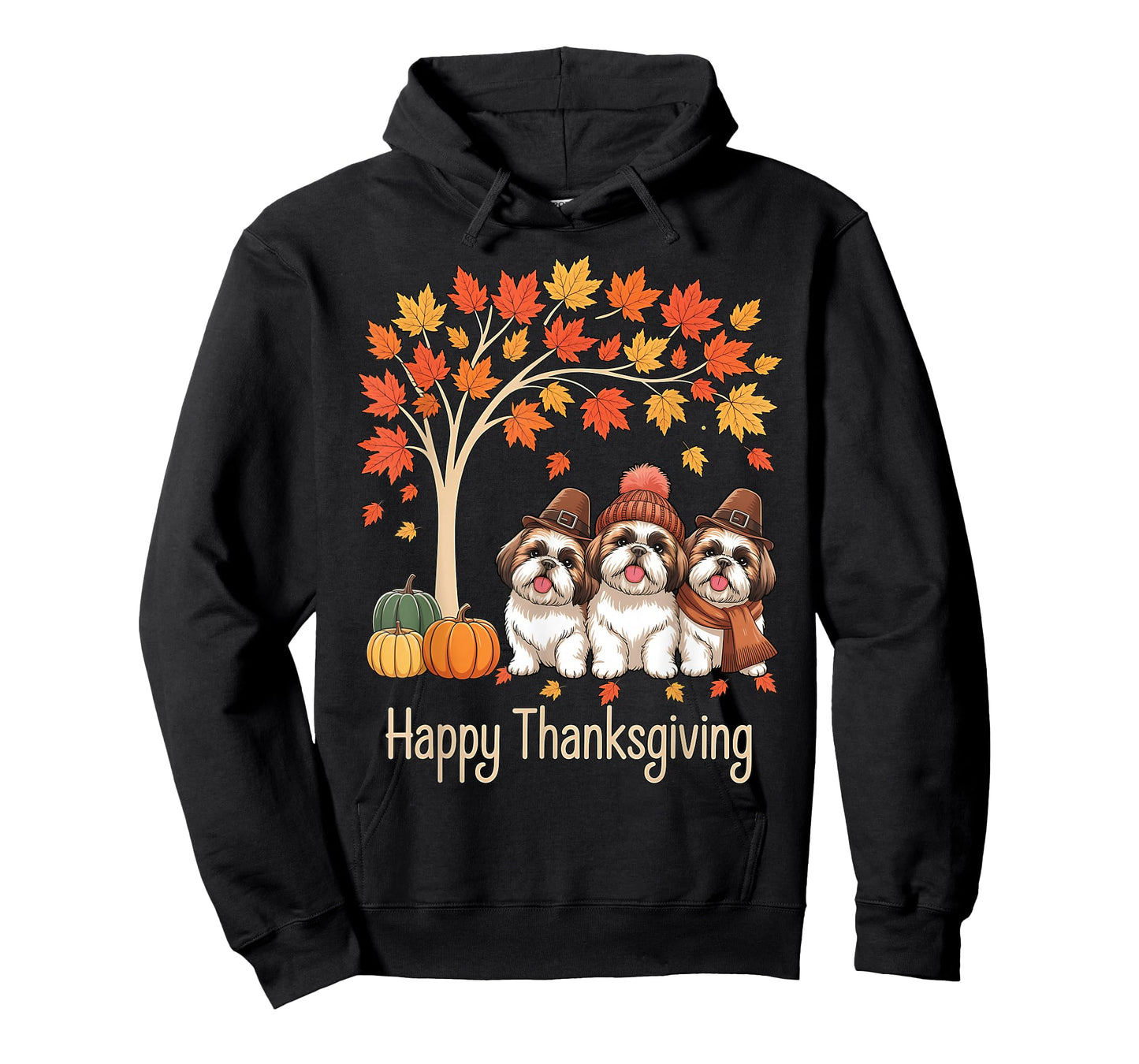 Funny Three Shih Tzu Dogs Tree Happy Thanksgiving T-Shirt