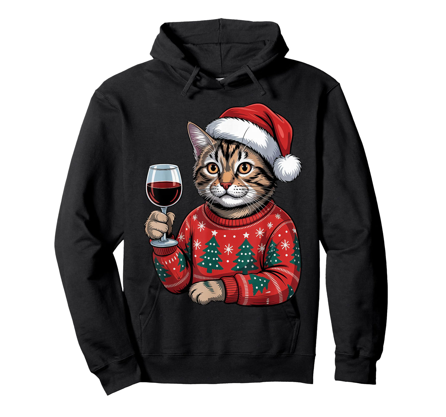 Christmas Santa Cat Drinking Wine Pajama Ugly Xmas Sweater T-Shirt