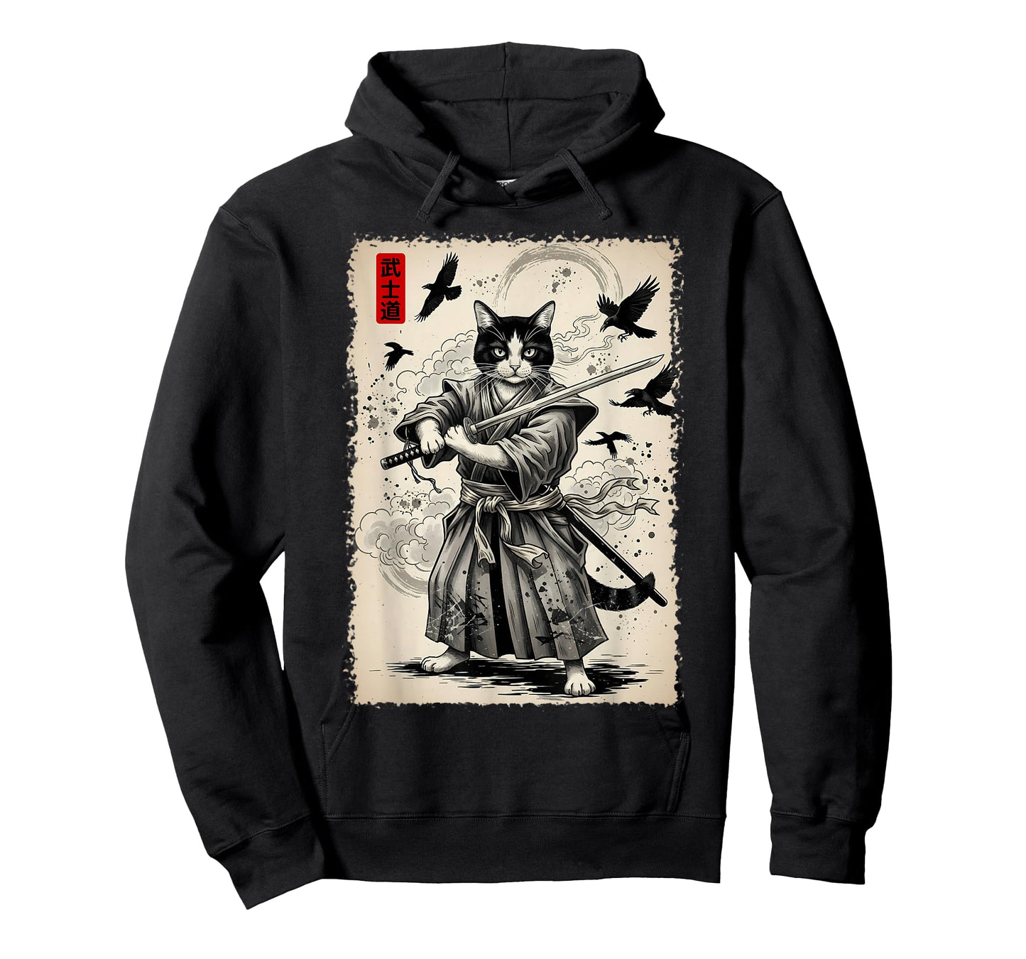 Samurai Cat Graphic Tee Warrior Vintage Japanese Art Anime T-Shirt