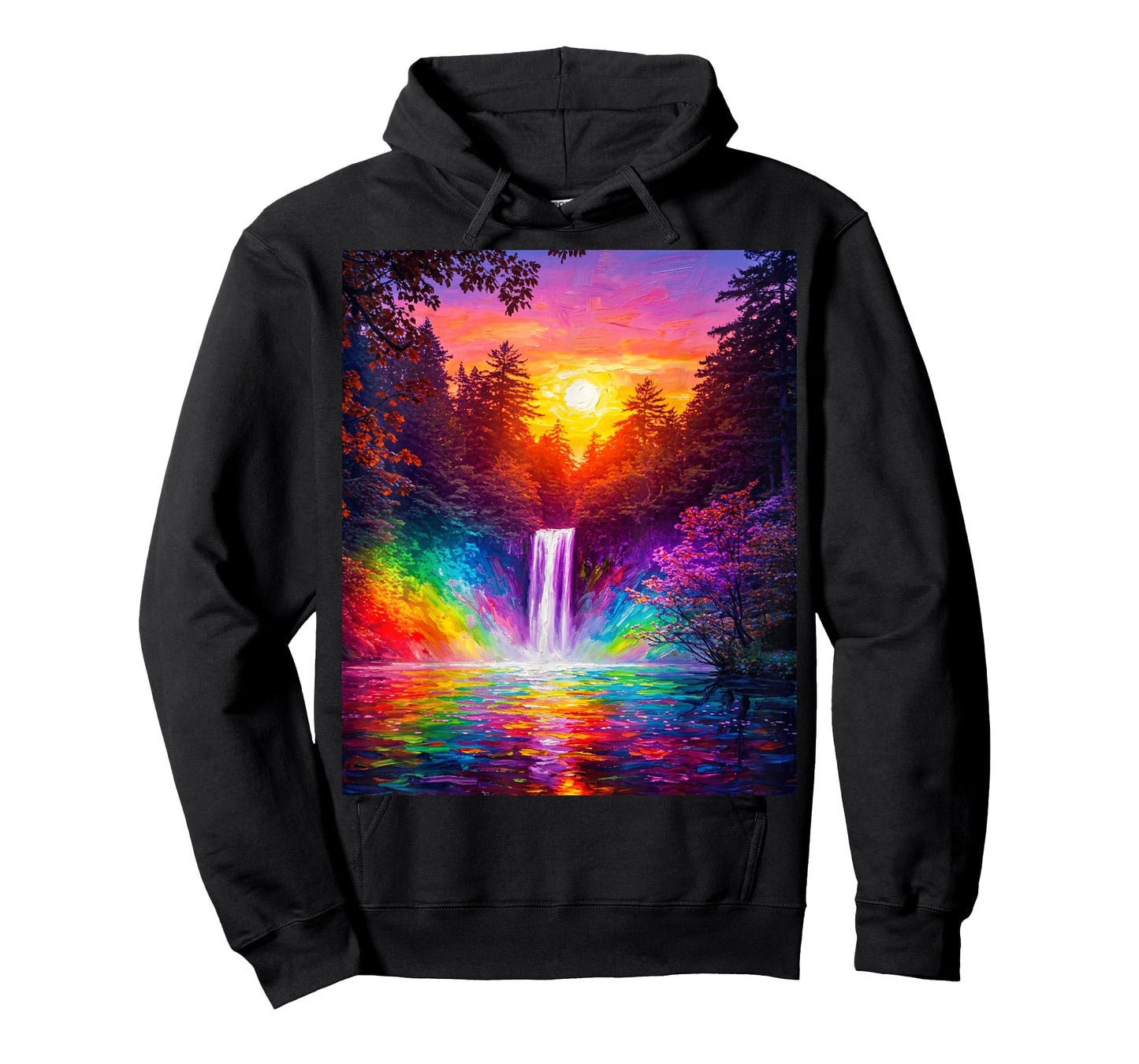 Moon Night Waterfall Abstract Art Forest Trees Painting T-Shirt