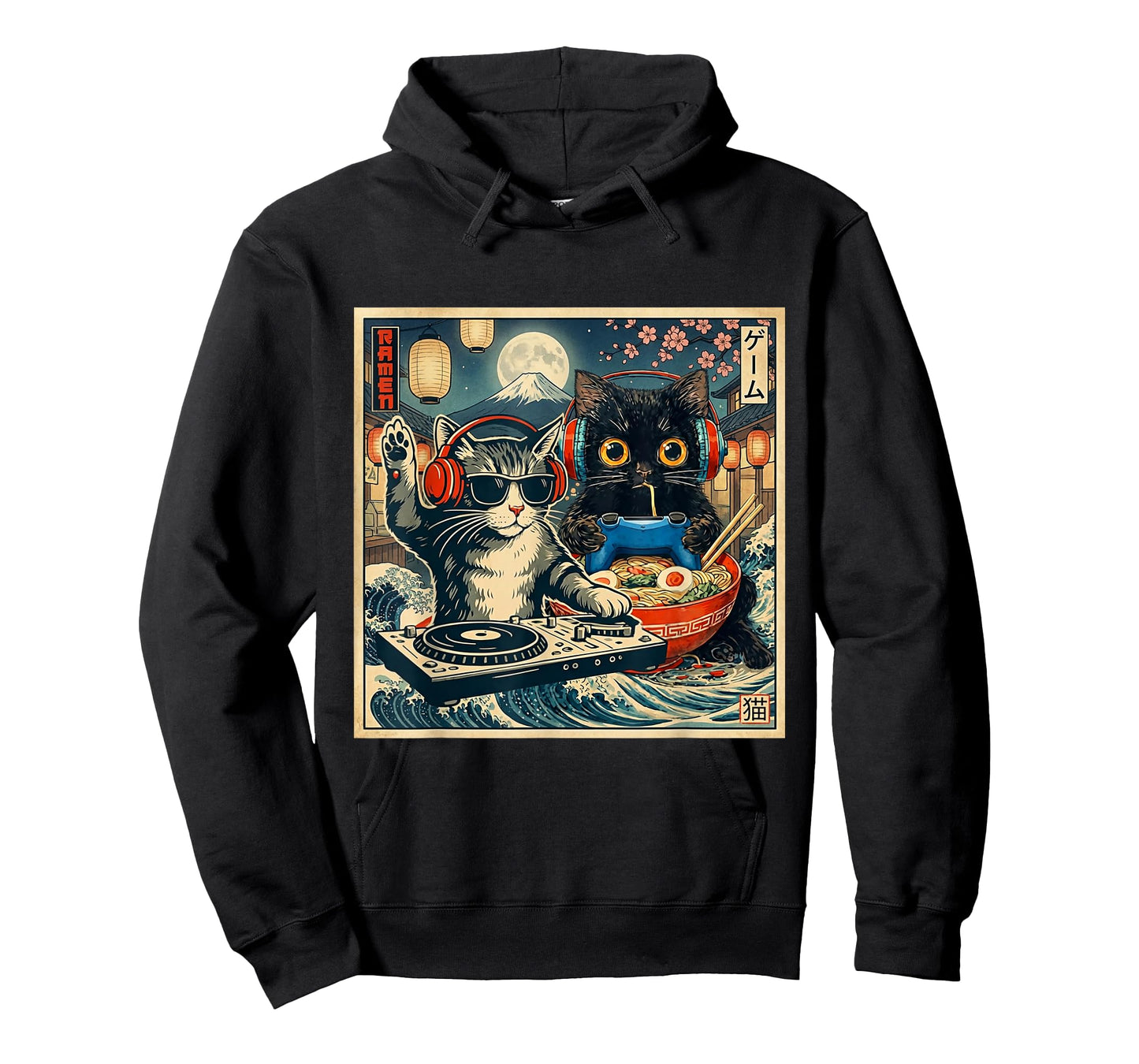 Dj Cat Vintage Style Music Black Cat Anime Ramen Japanese T-Shirt