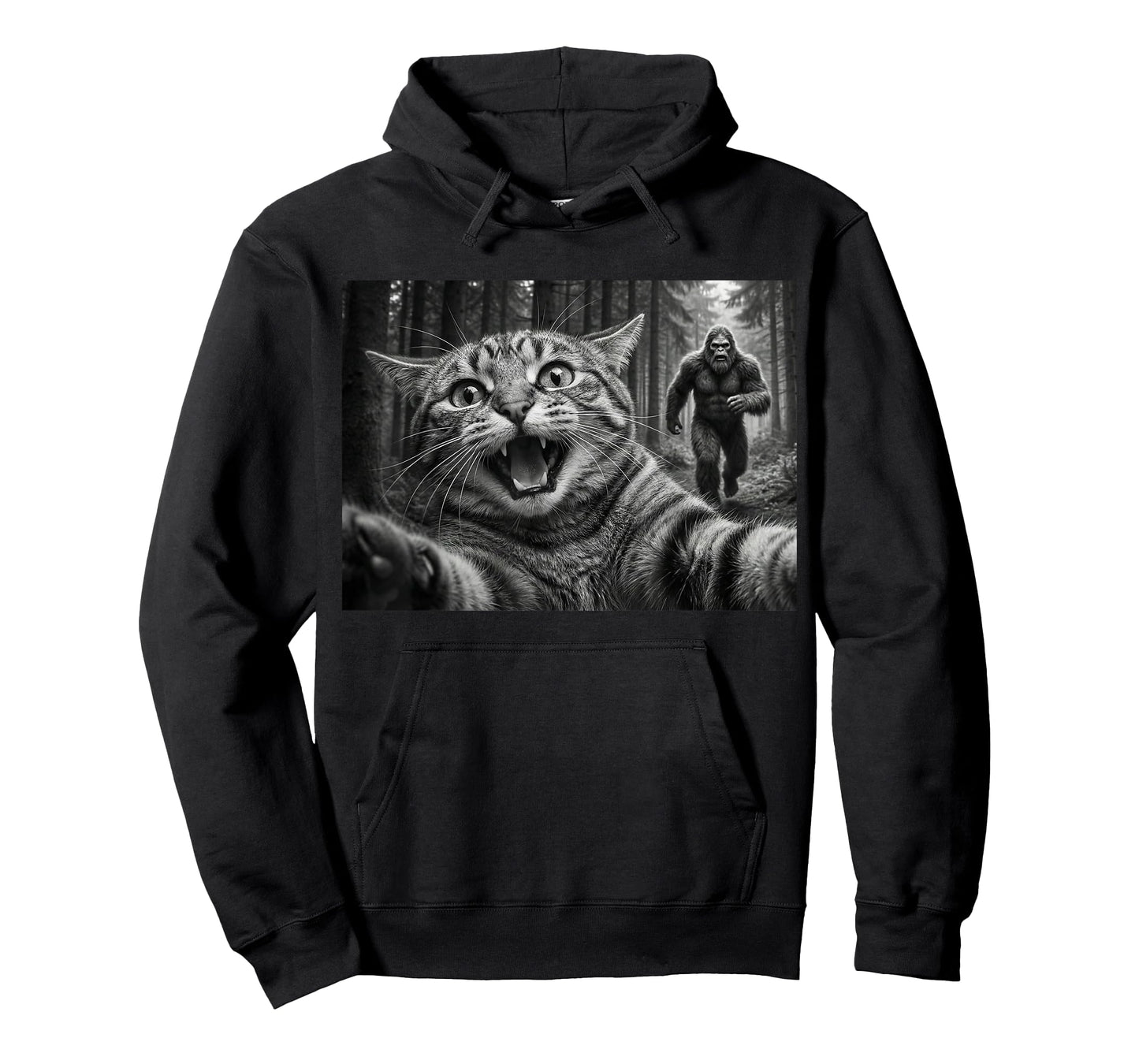 Funny Cat Selfie with Bigfoot Sasquatch Chase in Woods T-Shirt