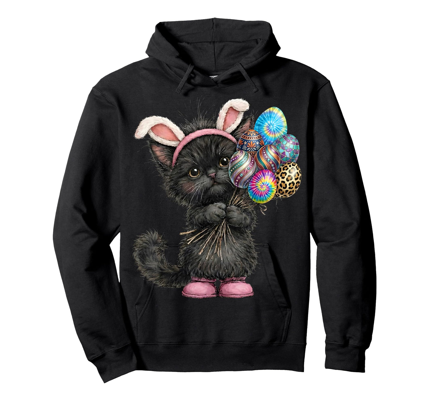 Cute Black Cat Easter Bunny Ears Eggs Easter Day Women Kids T-Shirt
