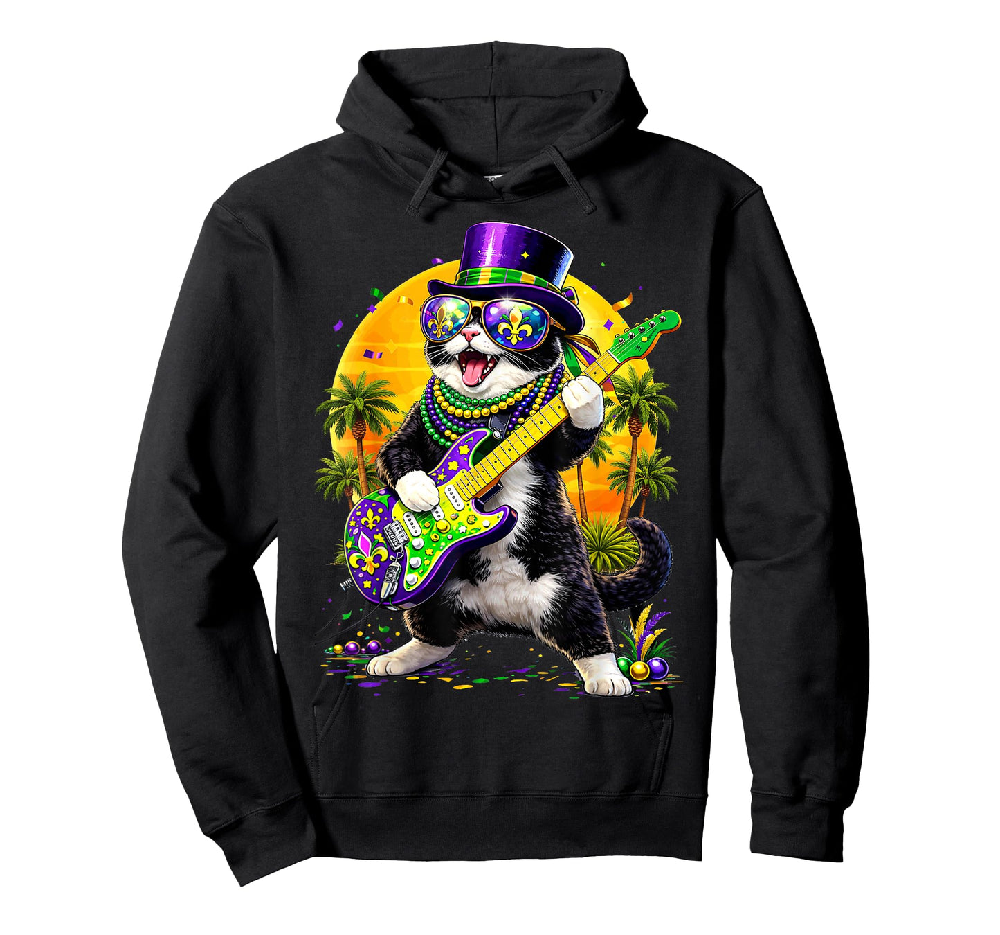 Funny Cat Playing Guitar Mardi Gras Men Women Teens Kids T-Shirt