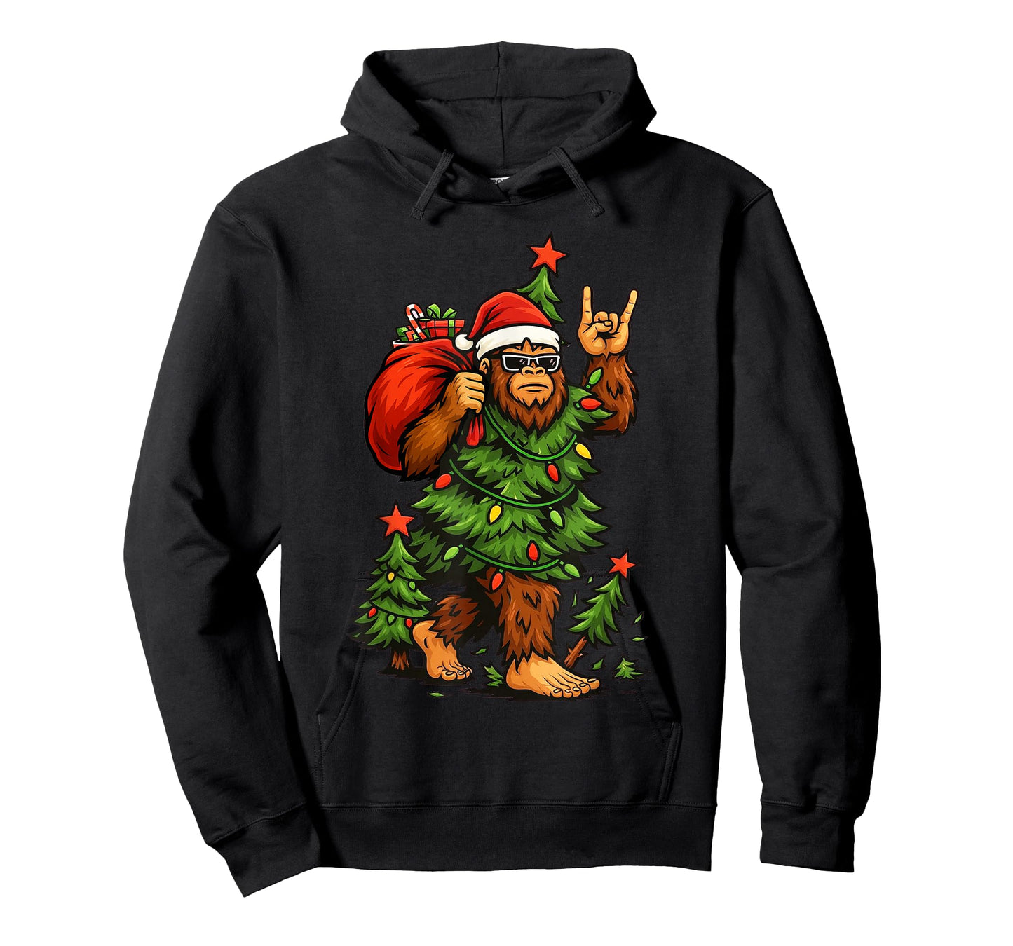 Santa Bigfoot Christmas Tree Xmas Lights Funny Sasquatch T-Shirt