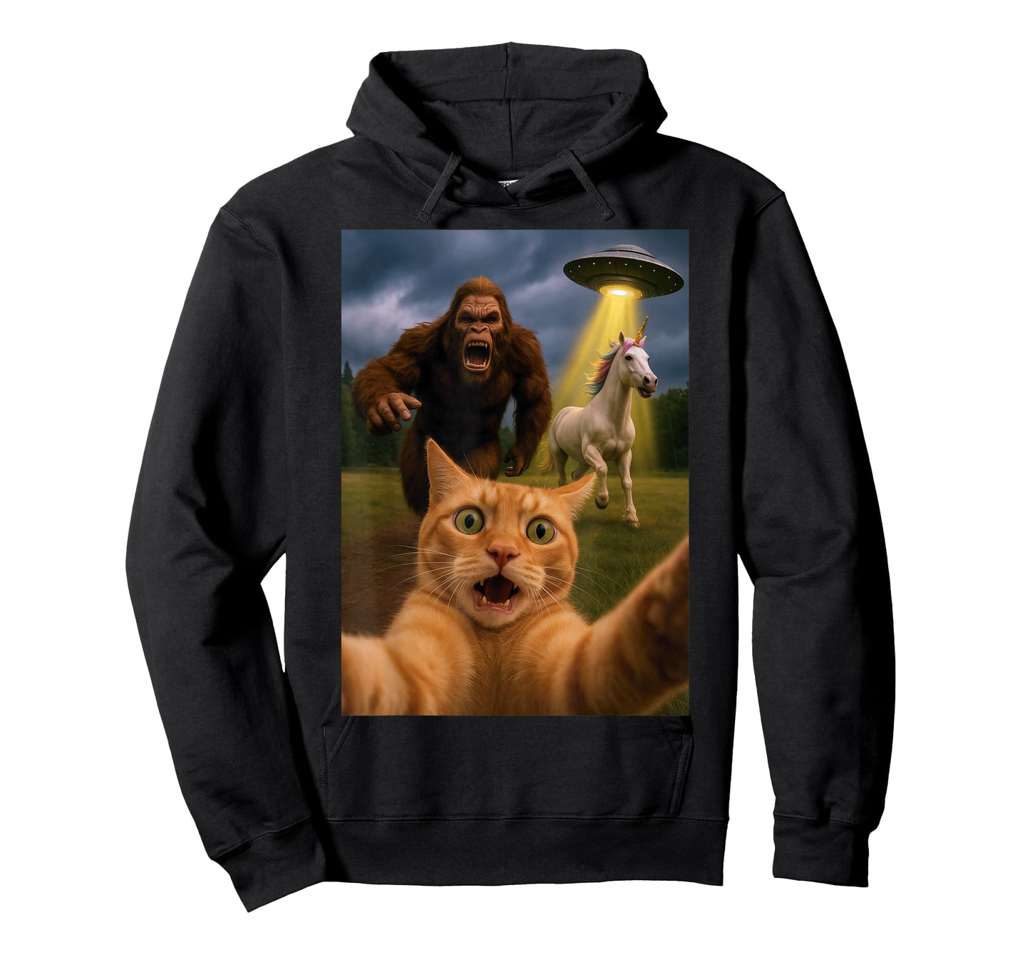 Funny Graphic Tee Cat Selfie with Bigfoot Unicorn Alien UFO T-Shirt