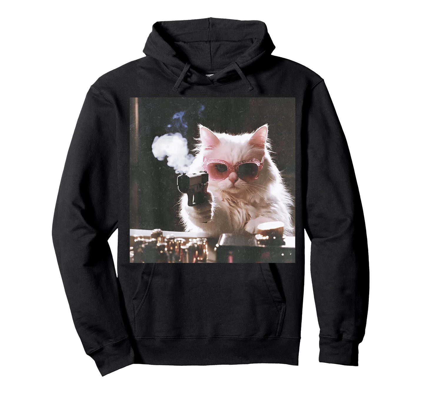 Retro Cool Cat with Gun Pink Sunglasses Cat Meme T-Shirt